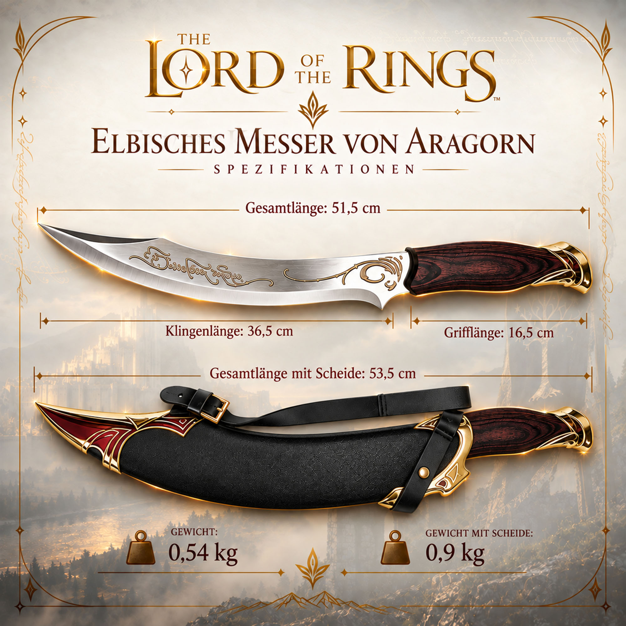 Herr der Ringe Aragorns Elben Dolch Replik Stahl Inkl Wandhalterung 53,5 cm