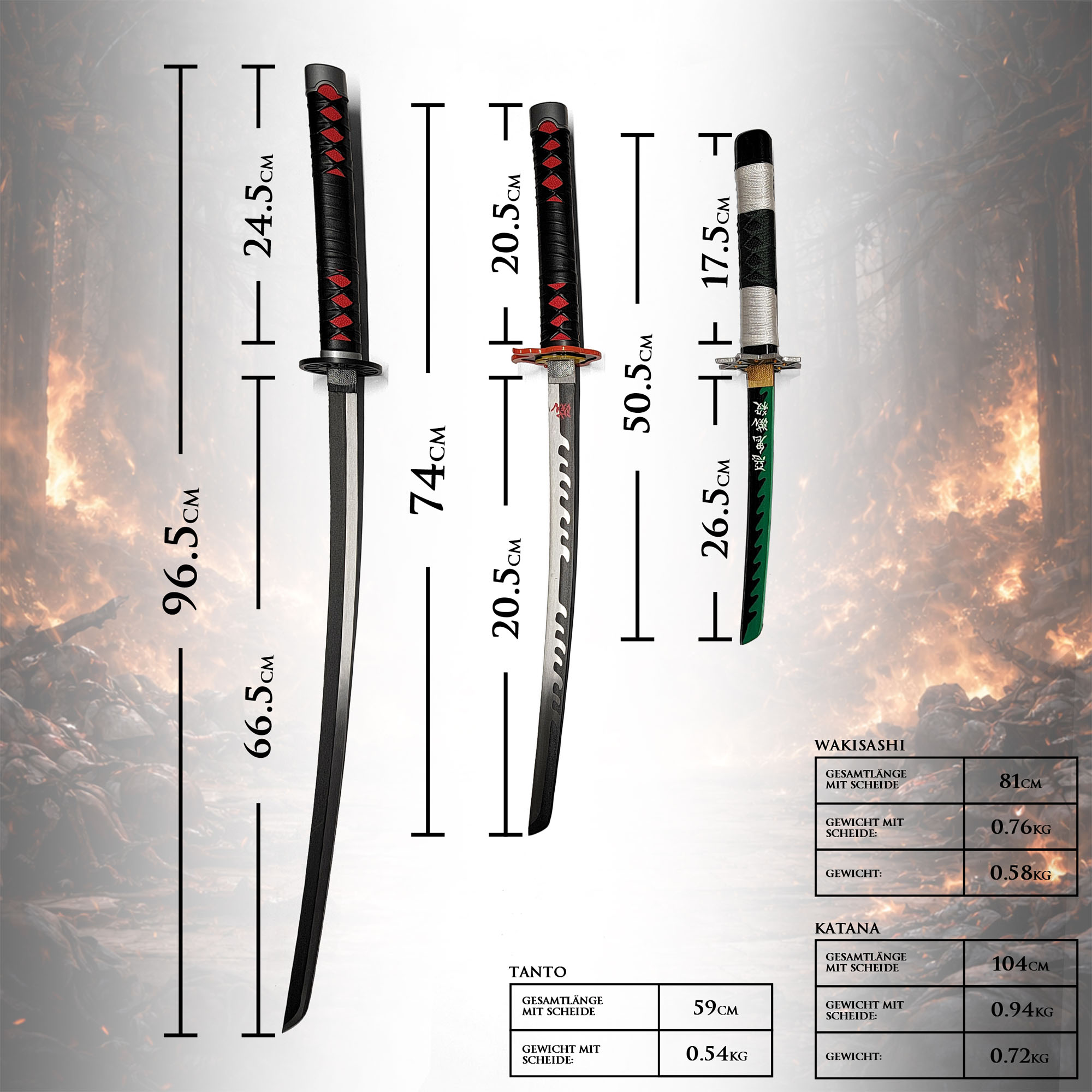 Demon Slayer Schwerter Set 3-teilig mit Ständer – Katana Wakizashi Tanto Replik Set – Anime Schwerter aus Stahl mit Holzständer Cosplay & Sammlerstück