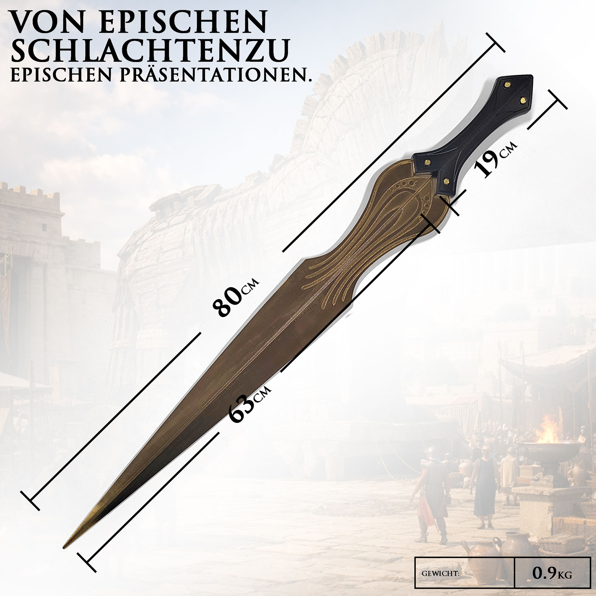 Troja Achilles Schwert 80cm | Brad Pitt Film Replik aus Stahl mit Wandhalter | Antikes Griechisches Kurzschwert (Xiphos) | Deko Waffe & Kostümzubehör