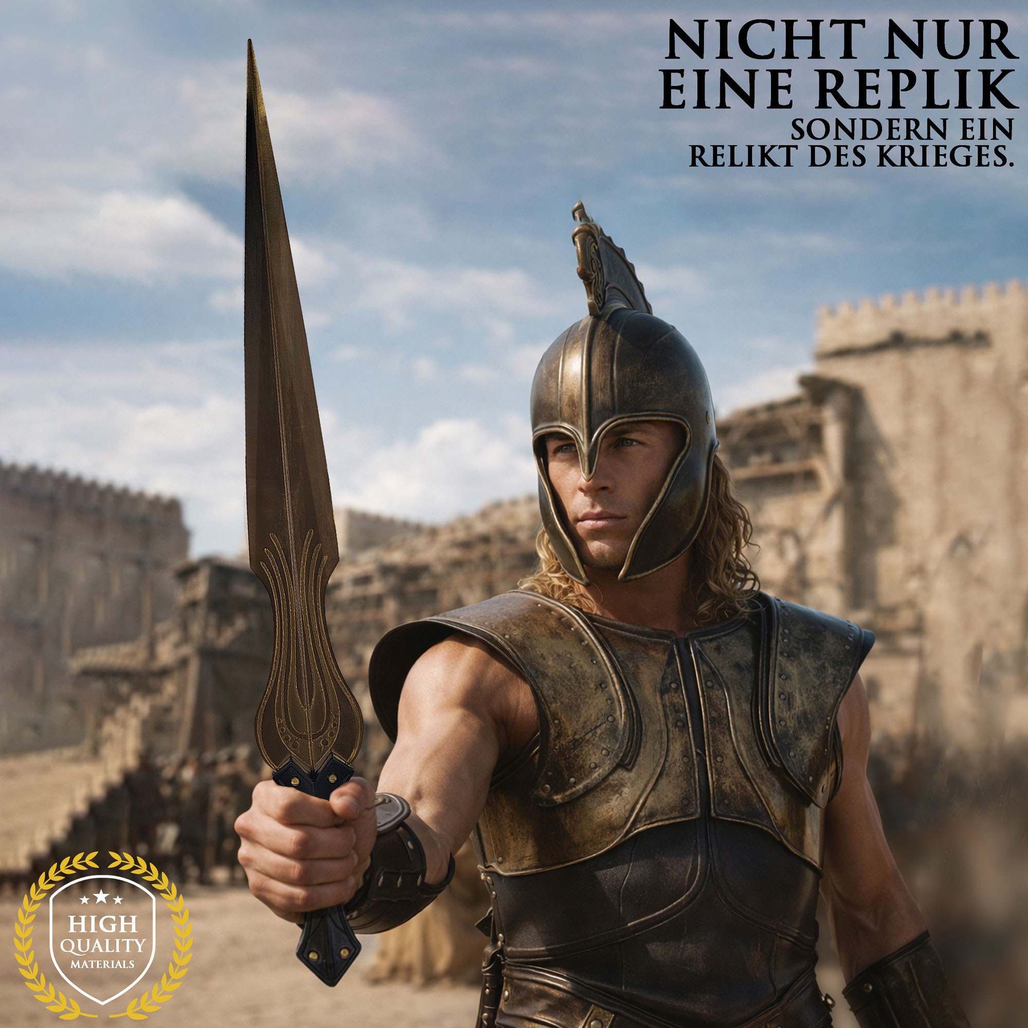 Troja Achilles Schwert 80cm | Brad Pitt Film Replik aus Stahl mit Wandhalter | Antikes Griechisches Kurzschwert (Xiphos) | Deko Waffe & Kostümzubehör