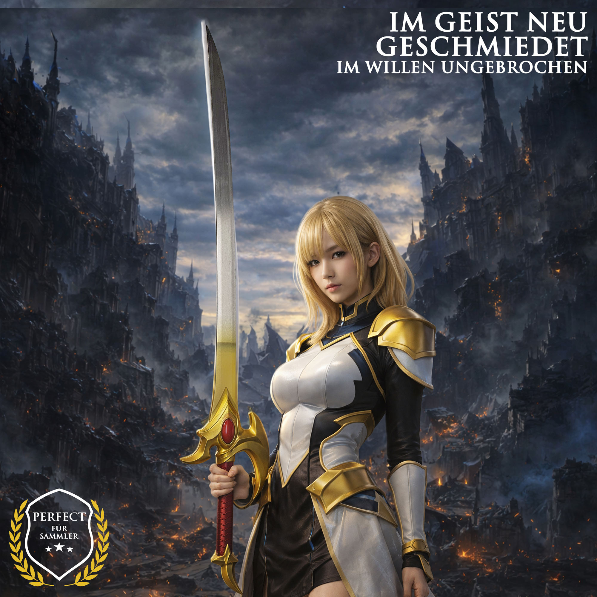 Solo Leveling Cha Hae-In Schwert Gold Edition 117,5 cm – Anime Katana Replik mit Scheide – Edelstahl Klinge Goldfinish Cosplay Deko Sammlerstück