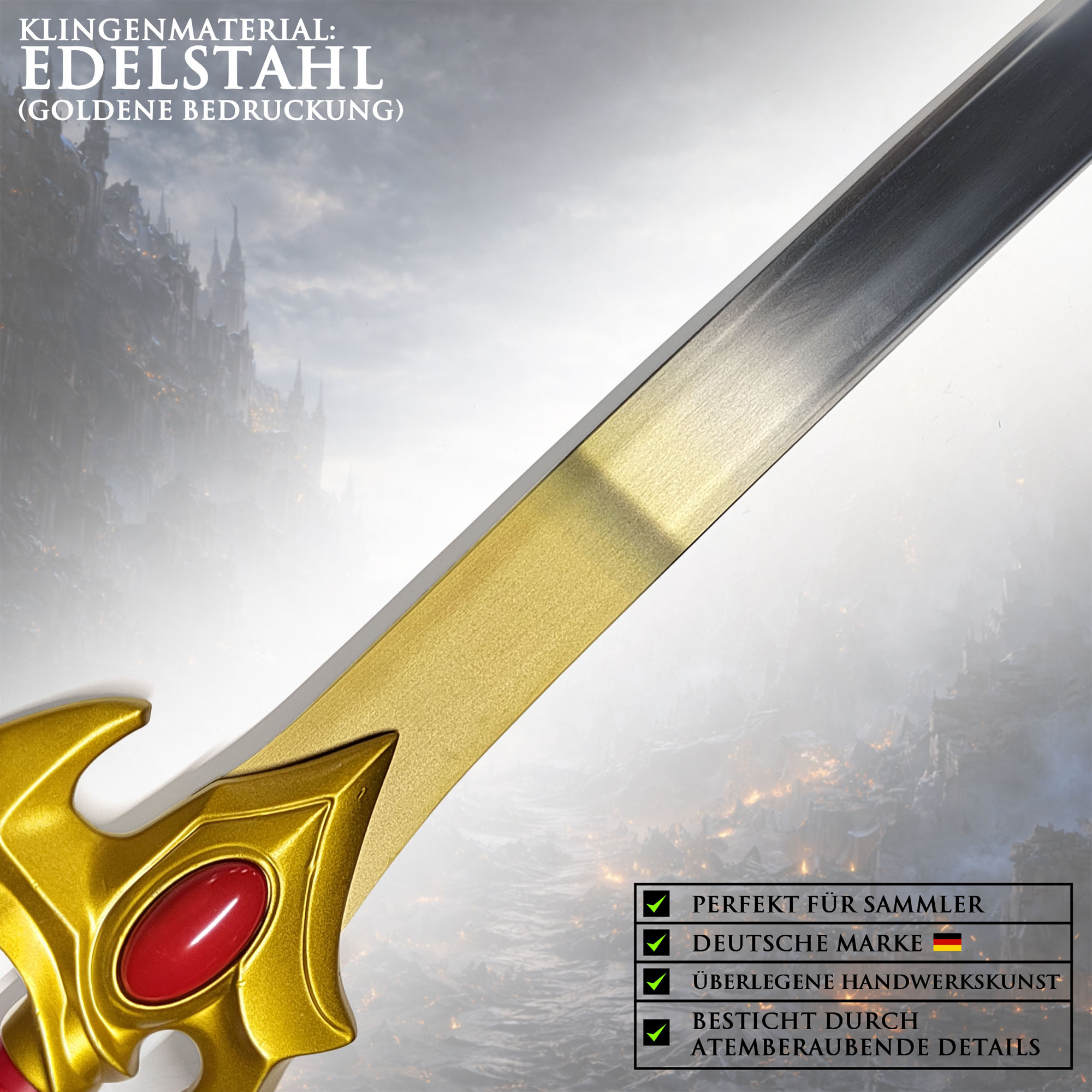 Solo Leveling Cha Hae-In Schwert Gold Edition 117,5 cm – Anime Katana Replik mit Scheide – Edelstahl Klinge Goldfinish Cosplay Deko Sammlerstück
