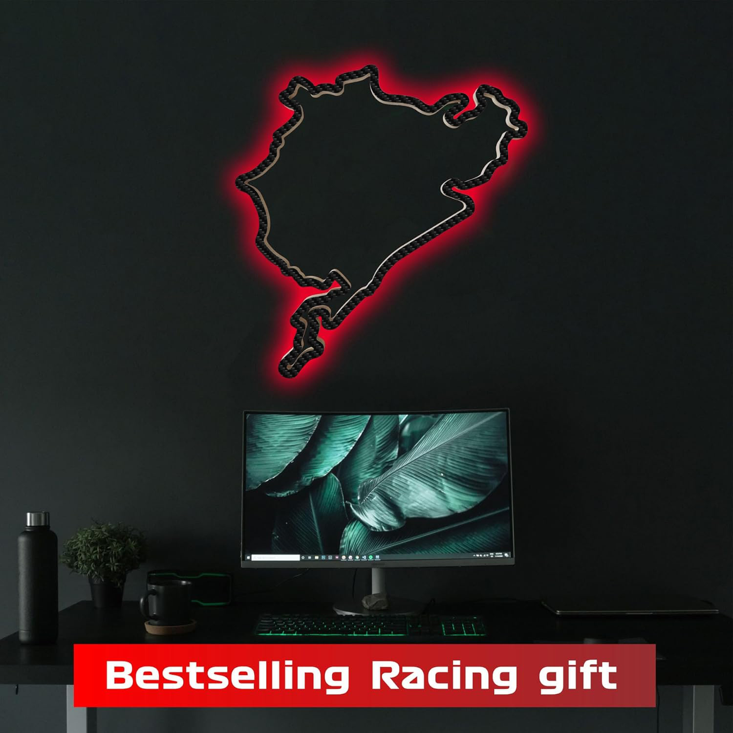 Holzskulptur Deko mit LED- Rennstrecke Nürburgring Gesamtstrecke mit Carbonfolie, Wandverzierung, 92 cm, Holzskulptur, Geschenk, Wanddekoration für Fans von Autorennen