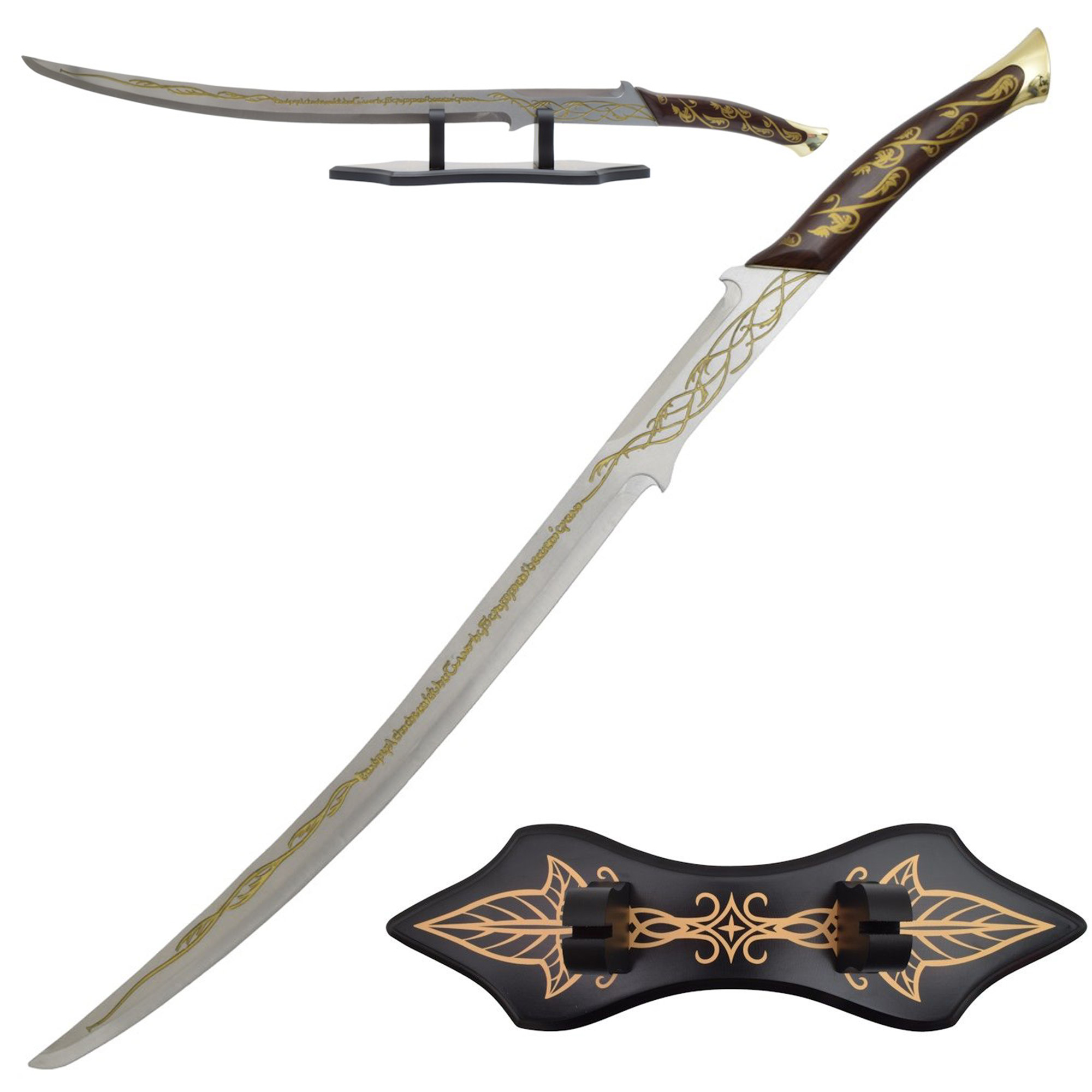 Elben-Schwert im Stil von Arwen mit Holzständer – Fantasy-Replik aus Stahl mit Gravur | Dekorationsschwert für Sammler | Gesamtlänge 97,5 cm | Inklusive Präsentationsständer