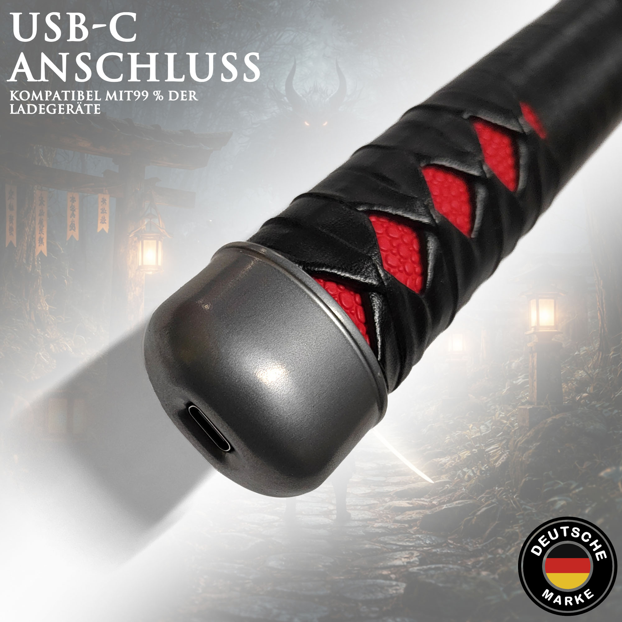 Demon Slayer Tanjirou Kamado Nichirin Katana 104 cm mit LED Klinge – Anime Schwert Replik mit Scheide & Ständer – 1045 Carbonstahl Cosplay Sammlerstück