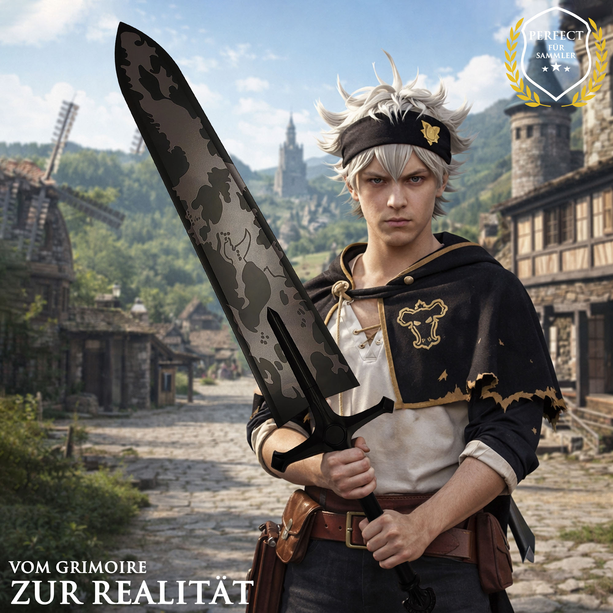 Black Clover Asta Dämonen-Lichtschwert 130 cm Stahl Replik – Demon Dweller Sword Vollmetall Anime Schwert mit Wandhalter – Schweres Cosplay & Sammlerstück aus Stahl