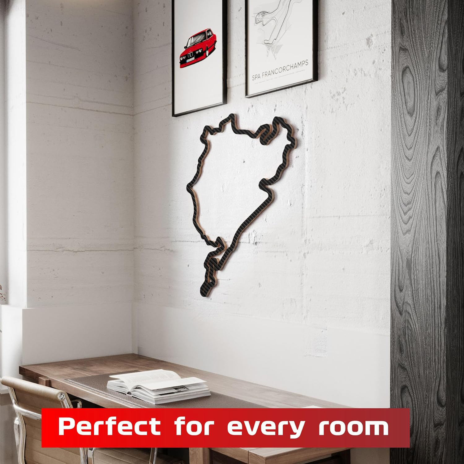 Rennstrecke Nürburgring Gesamtstrecke mit Carbonfolie, Wandverzierung, 92 cm, Holzskulptur, Geschenk, Wanddekoration für Fans von Autorennen, Formel 1 Geschenk, schwarz