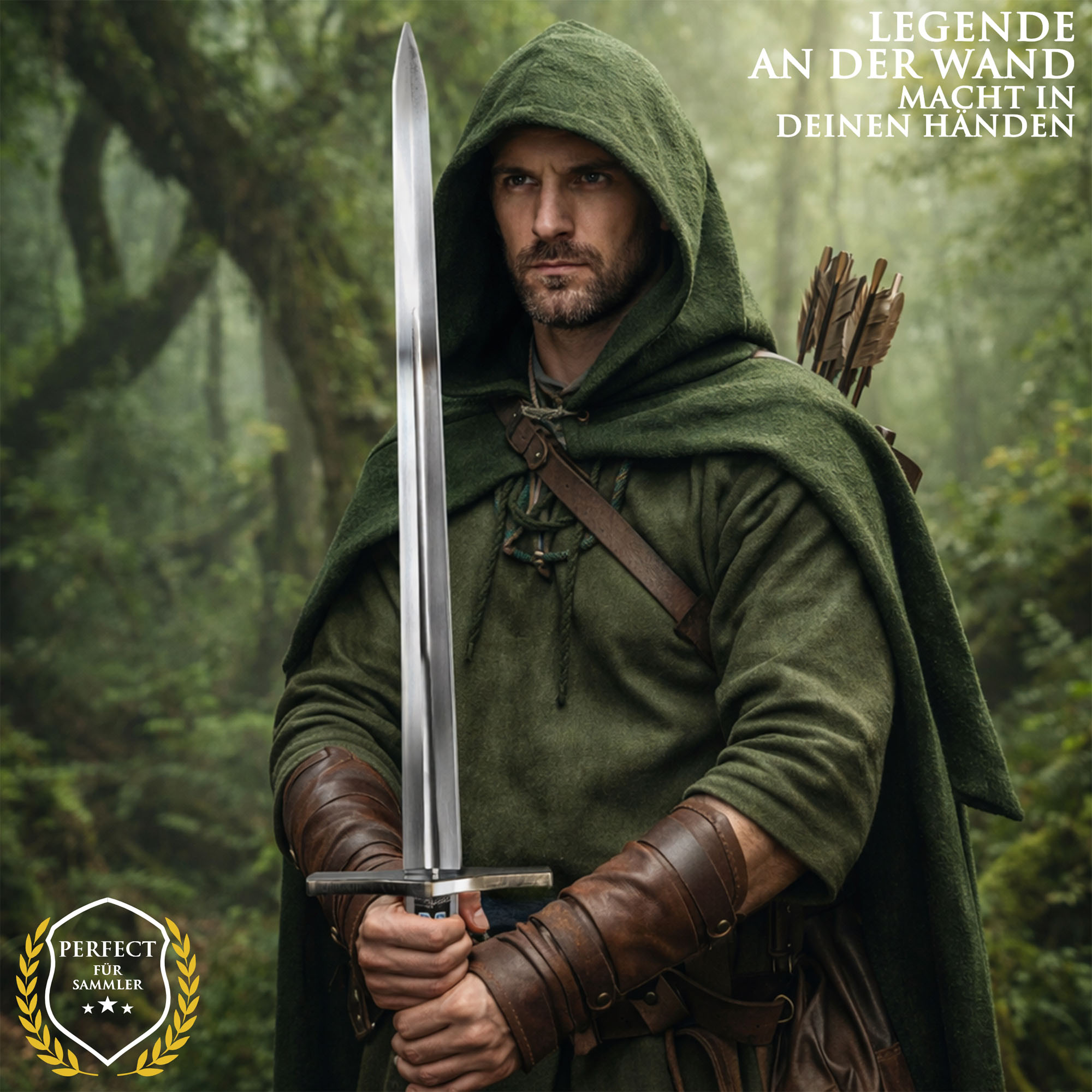 Robin Hood Schwert 114cm | Mittelalter Filmschwert aus Stahl mit Holzgriff & Wandhalter | Prinz der Diebe Replik | Kostümwaffe & Deko für Sammler
