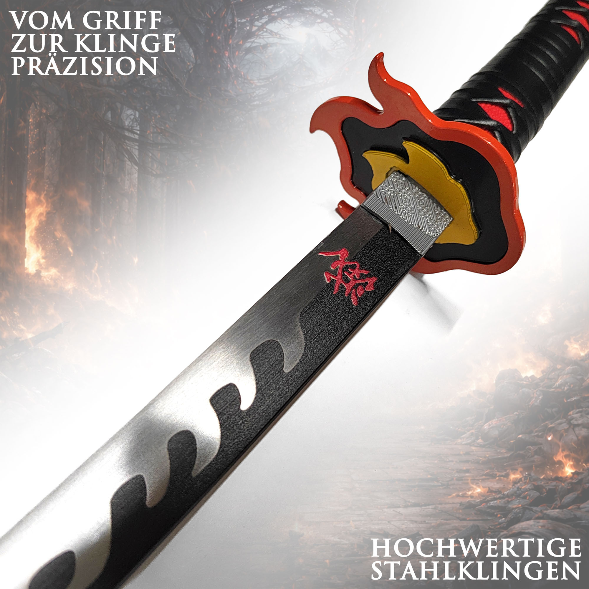 Demon Slayer Schwerter Set 3-teilig mit Ständer – Katana Wakizashi Tanto Replik Set – Anime Schwerter aus Stahl mit Holzständer Cosplay & Sammlerstück