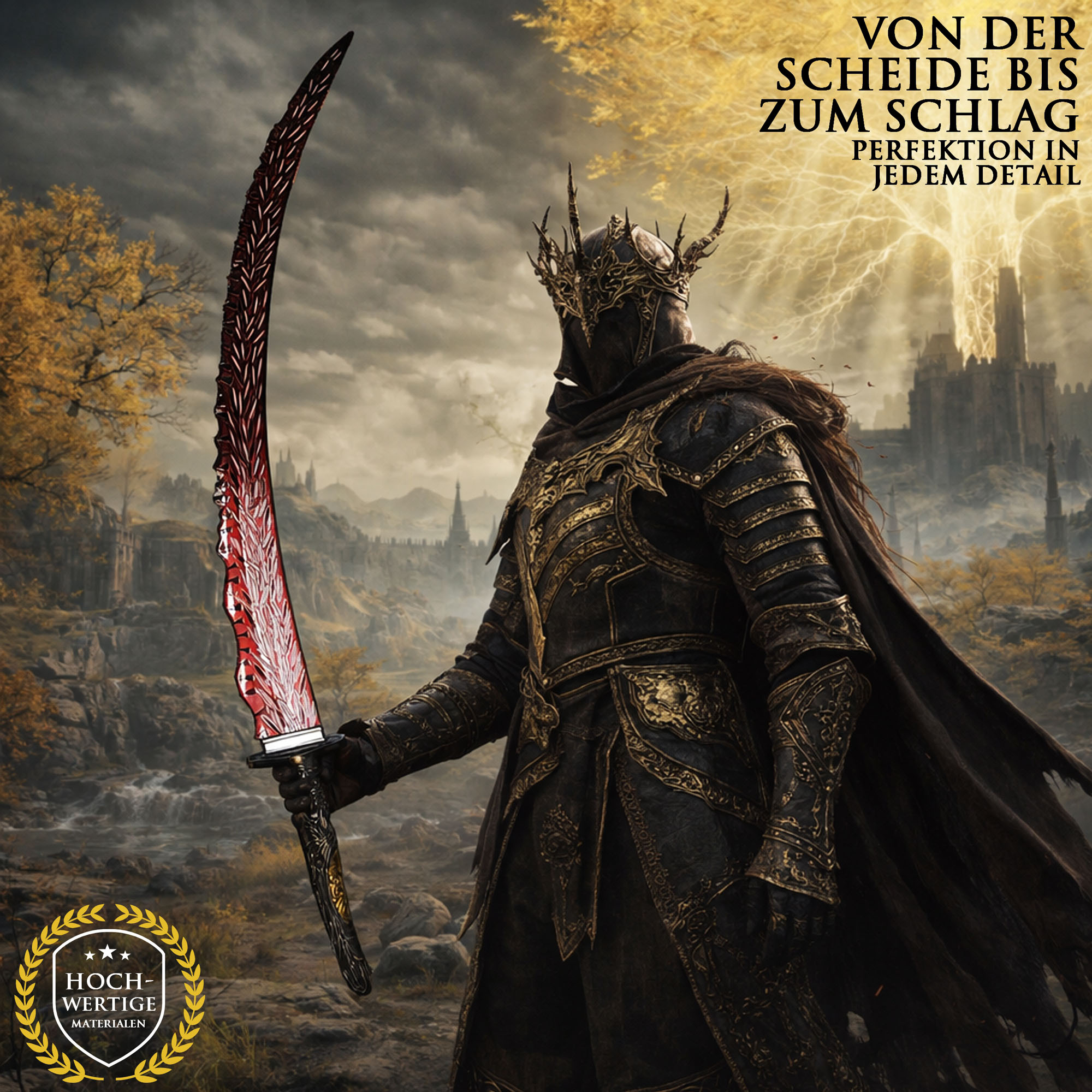Elden Ring Drachenjäger Großkatana 112cm mit Ständer | Shadow of the Erdtree Waffe aus Stahl | Massives Great Katana mit Metallgriff & Scheide | Gaming Sammlerstück