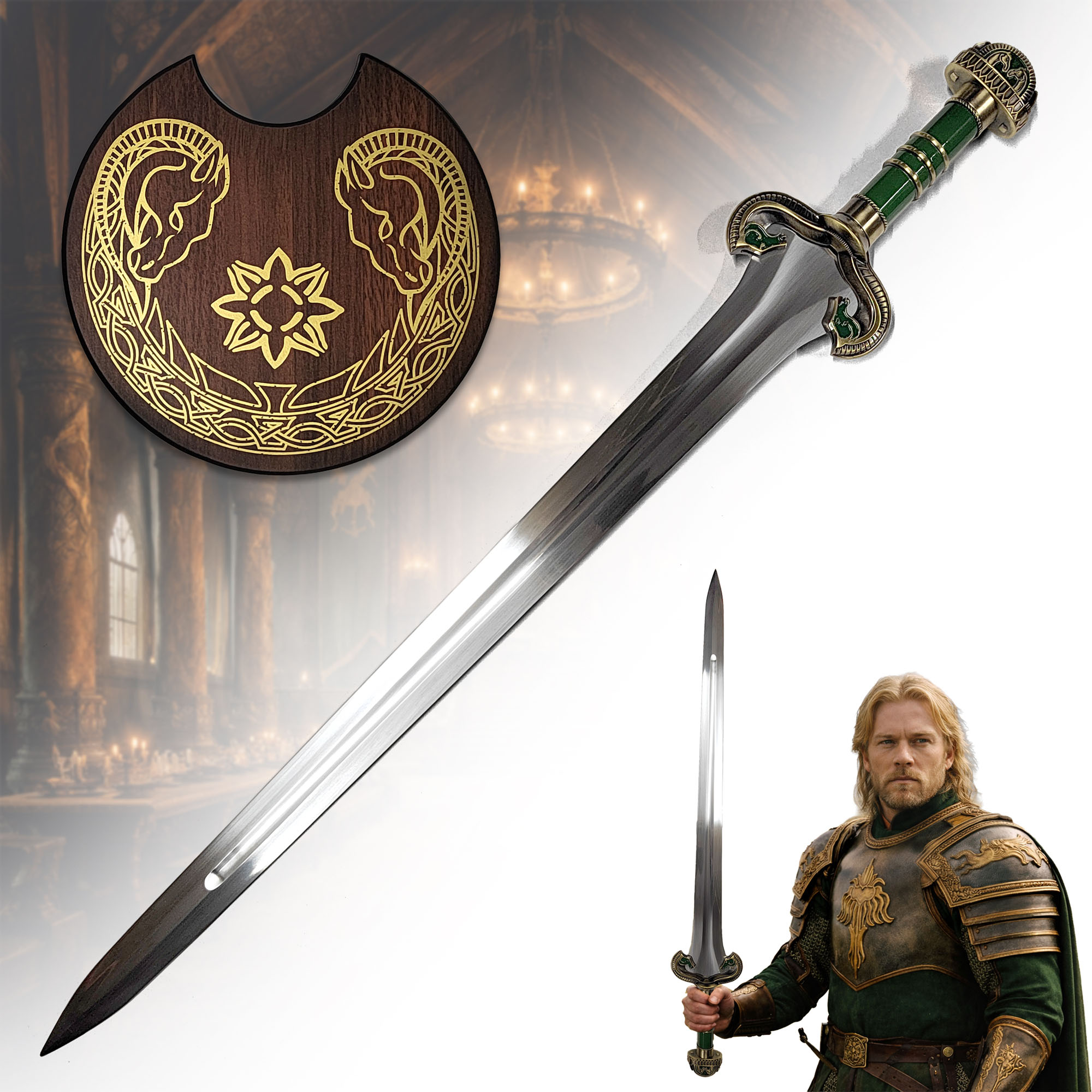Herr der Ringe Théodreds Schwert Replik 96 cm – Rohan Schwert aus The Two Towers mit Wandhalterung – Lord of the Rings Sammlerschwert mit Stahlklinge