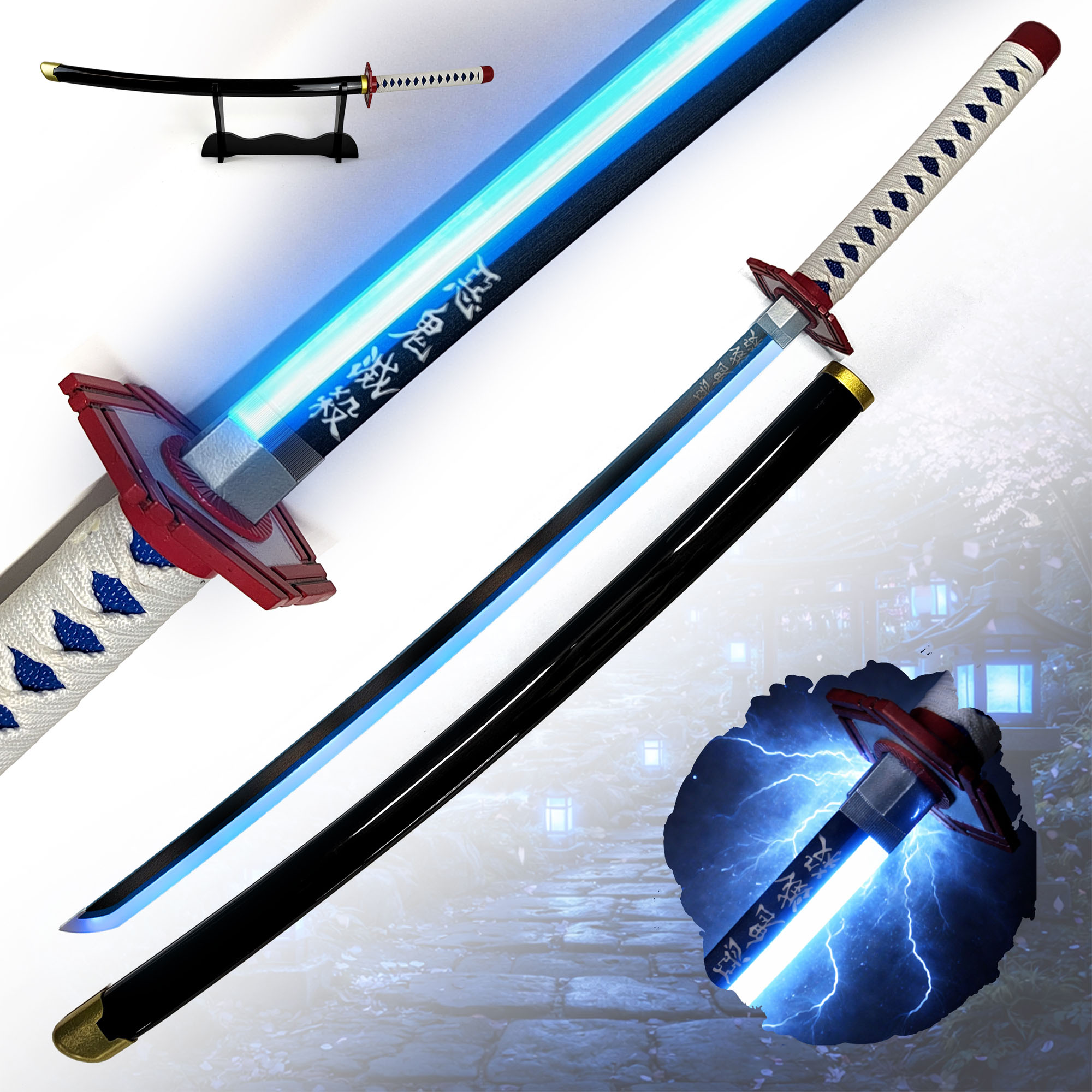 Demon Slayer Giyuu Tomioka Nichirin Katana 104 cm mit LED Klinge – Anime Schwert Replik mit Scheide & Ständer – 1045 Carbonstahl Cosplay Sammlerstück