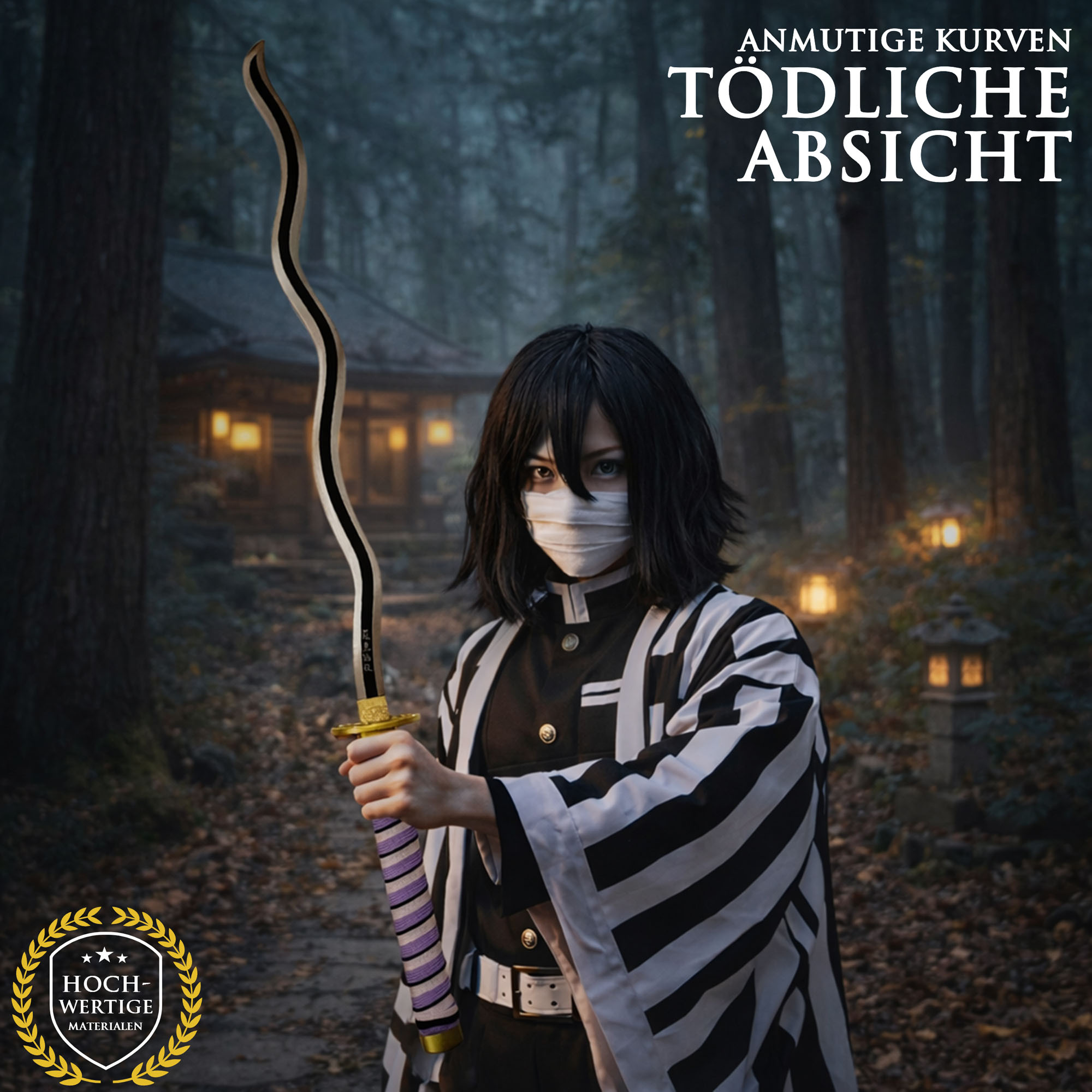 Demon Slayer Obanai Iguro Katana 103 cm mit Scheide – Nichirin Schwert Serpent Hashira – Karbonstahl Klinge Anime Replik mit Holzgriff und Metall Tsuba – Cosplay & Sammlerstück