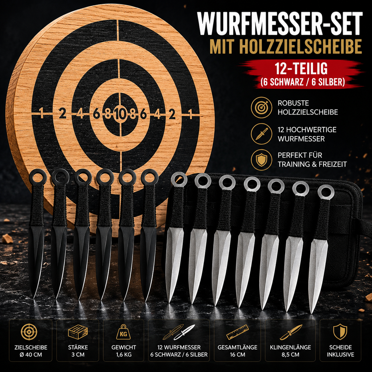 Wurfmesser Set 12 Stück mit Holzzielscheibe Ø 40cm | Edelstahl Ninja Kunai (6 Schwarz / 6 Silber) | Sportmesser mit Griffwicklung & Scheide | Outdoor Wurf-Training Komplettset