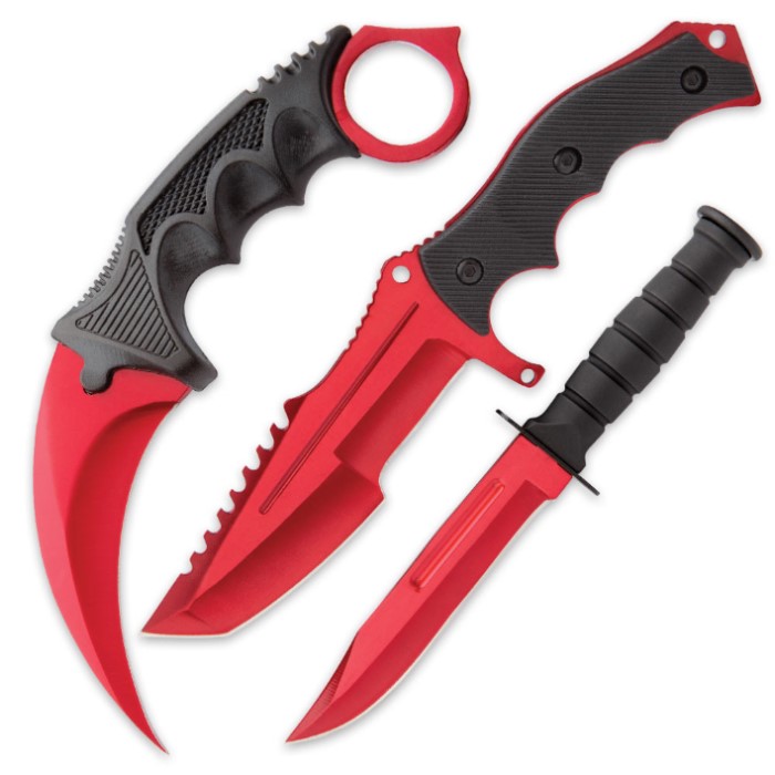 3-tlg. Messerset Atomic Red Karambit - Jagdmesser – Militärmesser