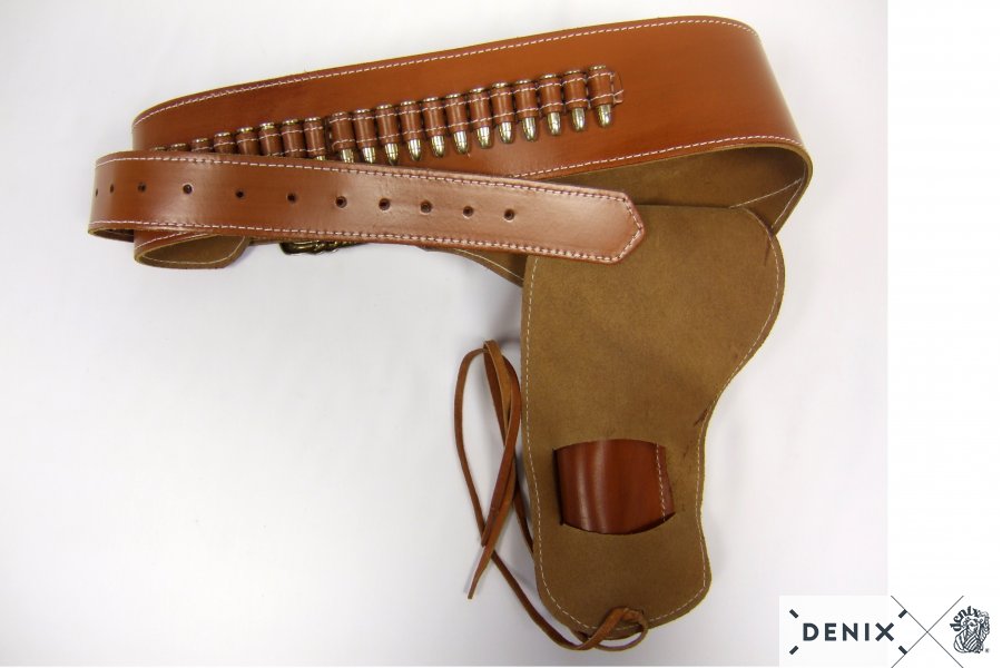 Coltgürtel aus Leder, für 1 Colt, mit 24 Kugeln, mit Sheriffstern