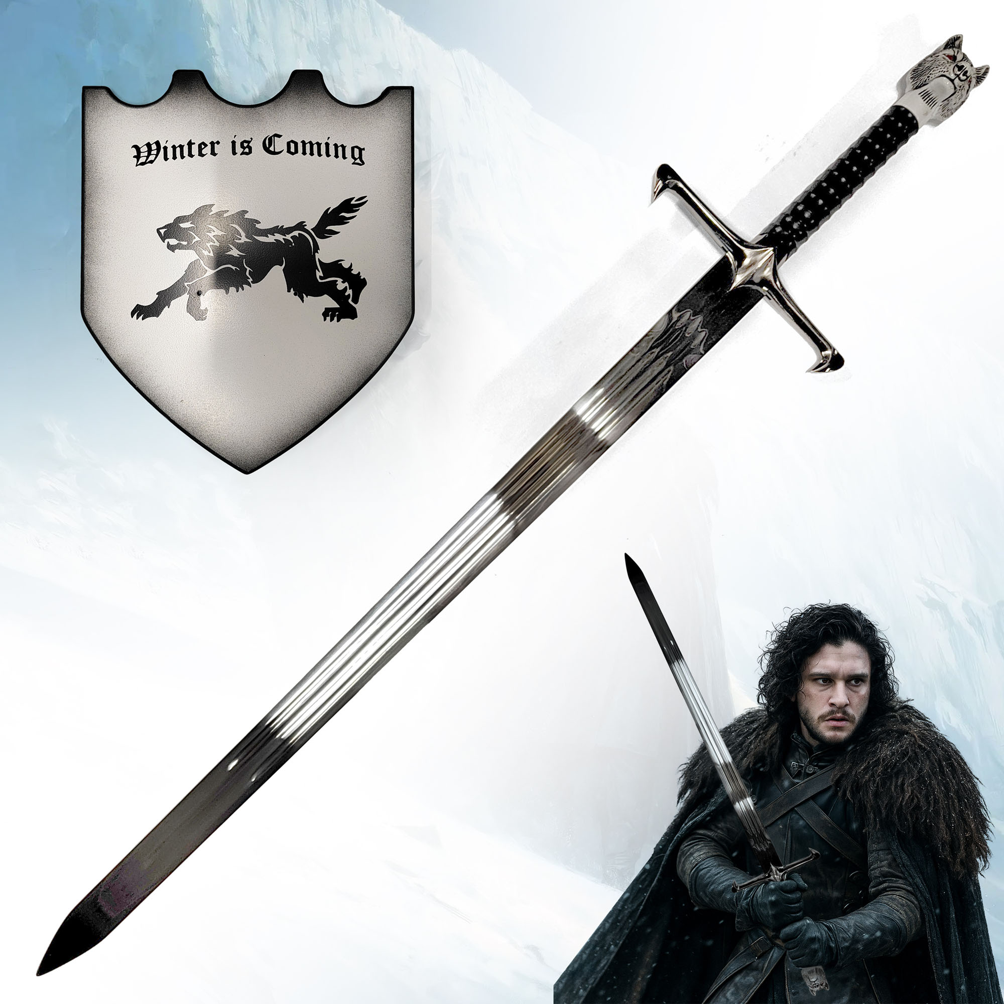 Game of Thrones Schwert Langklaue von Jon Schnee | Longclaw Replik 105cm | Deko Waffe mit Wolfsknauf & Wandhalterung | GoT Sammlerschwert