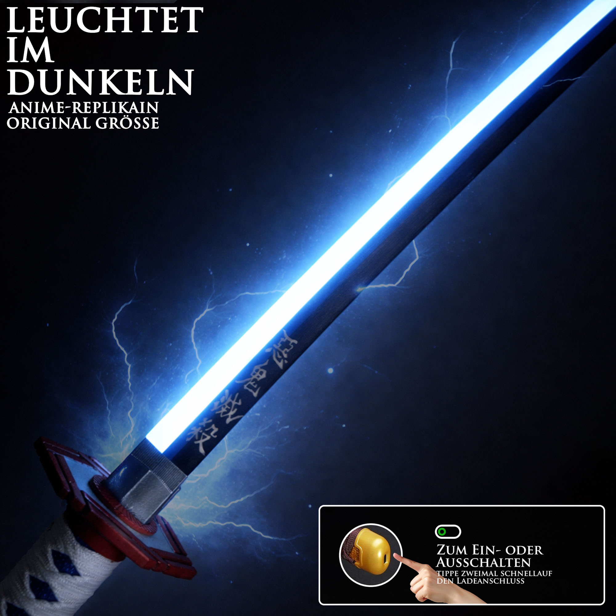 Demon Slayer Giyuu Tomioka Nichirin Katana 104 cm mit LED Klinge – Anime Schwert Replik mit Scheide & Ständer – 1045 Carbonstahl Cosplay Sammlerstück