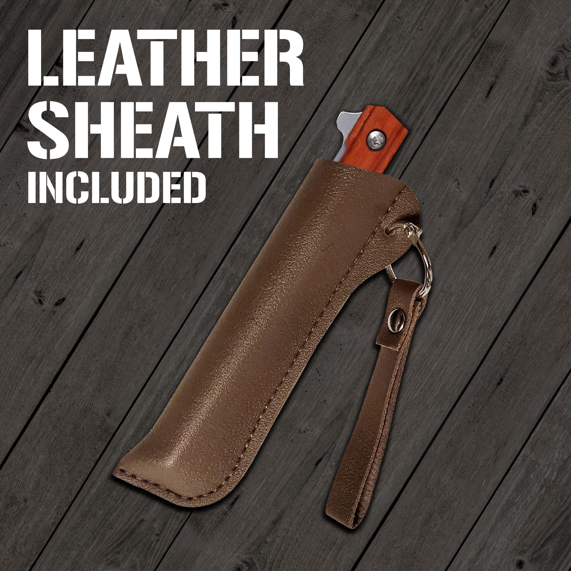 Outdoor Klappmesser Liner Lock, Tanto Point Klinge, brauner Holzgriff mit brauner Lederscheide