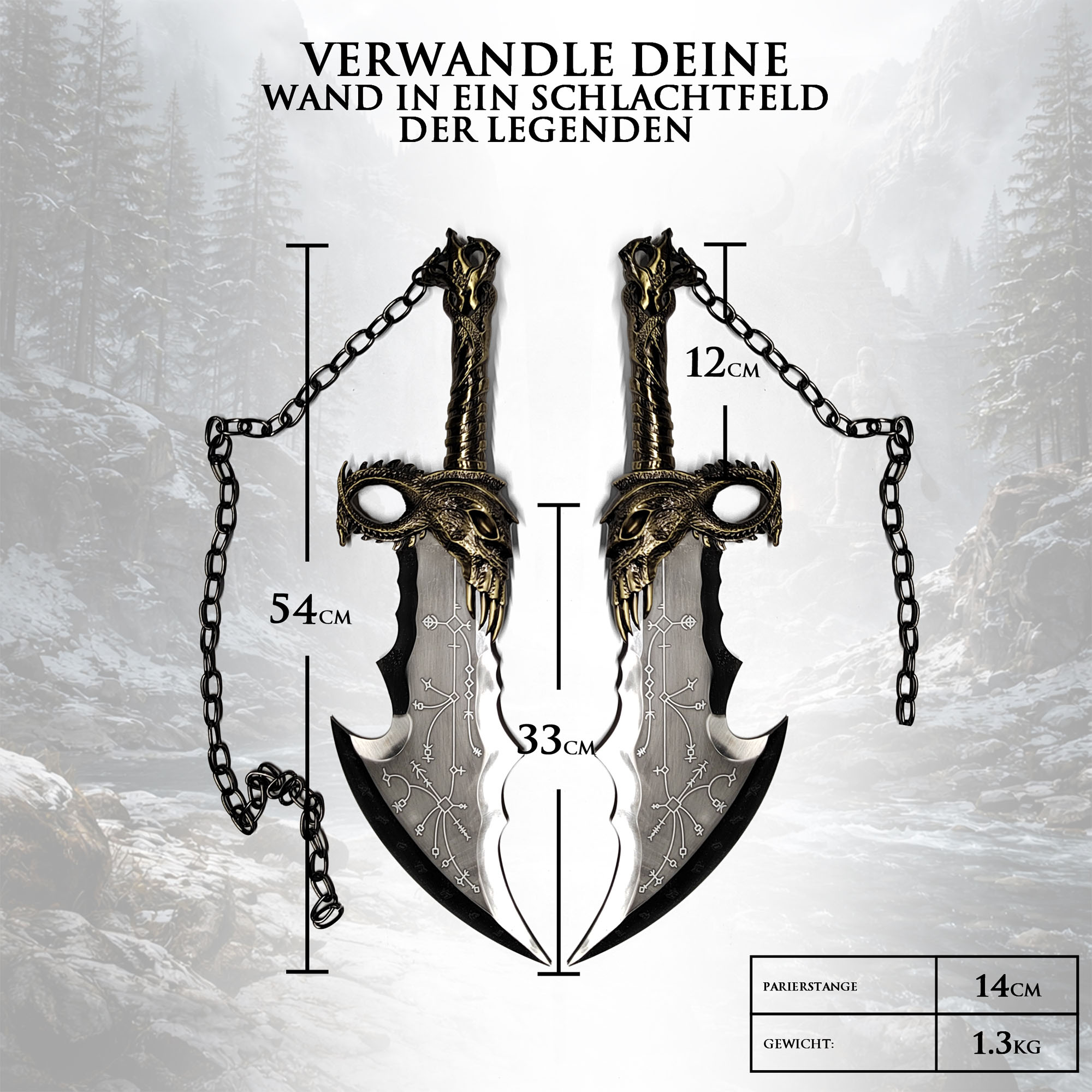 God of War Chaosklingen 2er Set 54cm | Massive Vollmetall Replik (2,6kg) mit Wandhalterung | Kratos Blades of Chaos aus Stahl | Gaming Deko Waffen