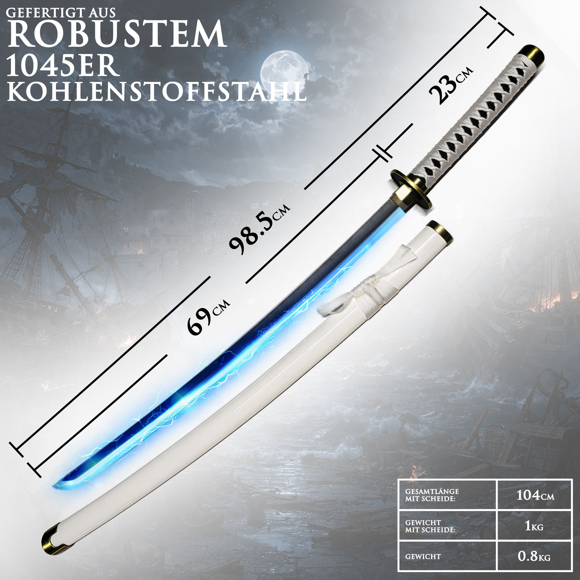 One Piece Wado Ichimonji Katana 104 cm mit LED Klinge – Roronoa Zoro Schwert Replik mit Scheide & Ständer – 1045 Carbonstahl Anime Cosplay Sammlerstück