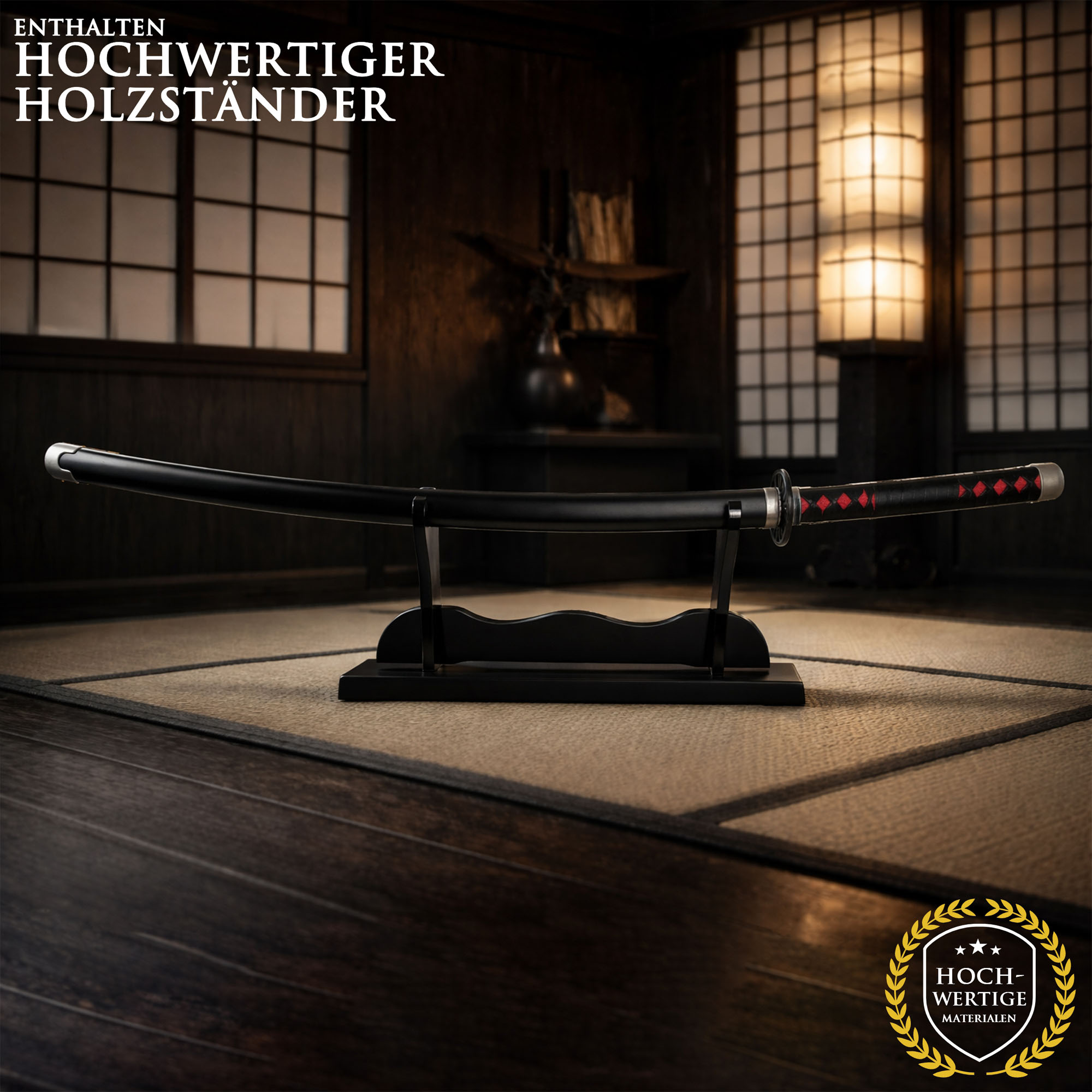 Demon Slayer Tanjirou Kamado Nichirin Katana 104 cm mit LED Klinge – Anime Schwert Replik mit Scheide & Ständer – 1045 Carbonstahl Cosplay Sammlerstück