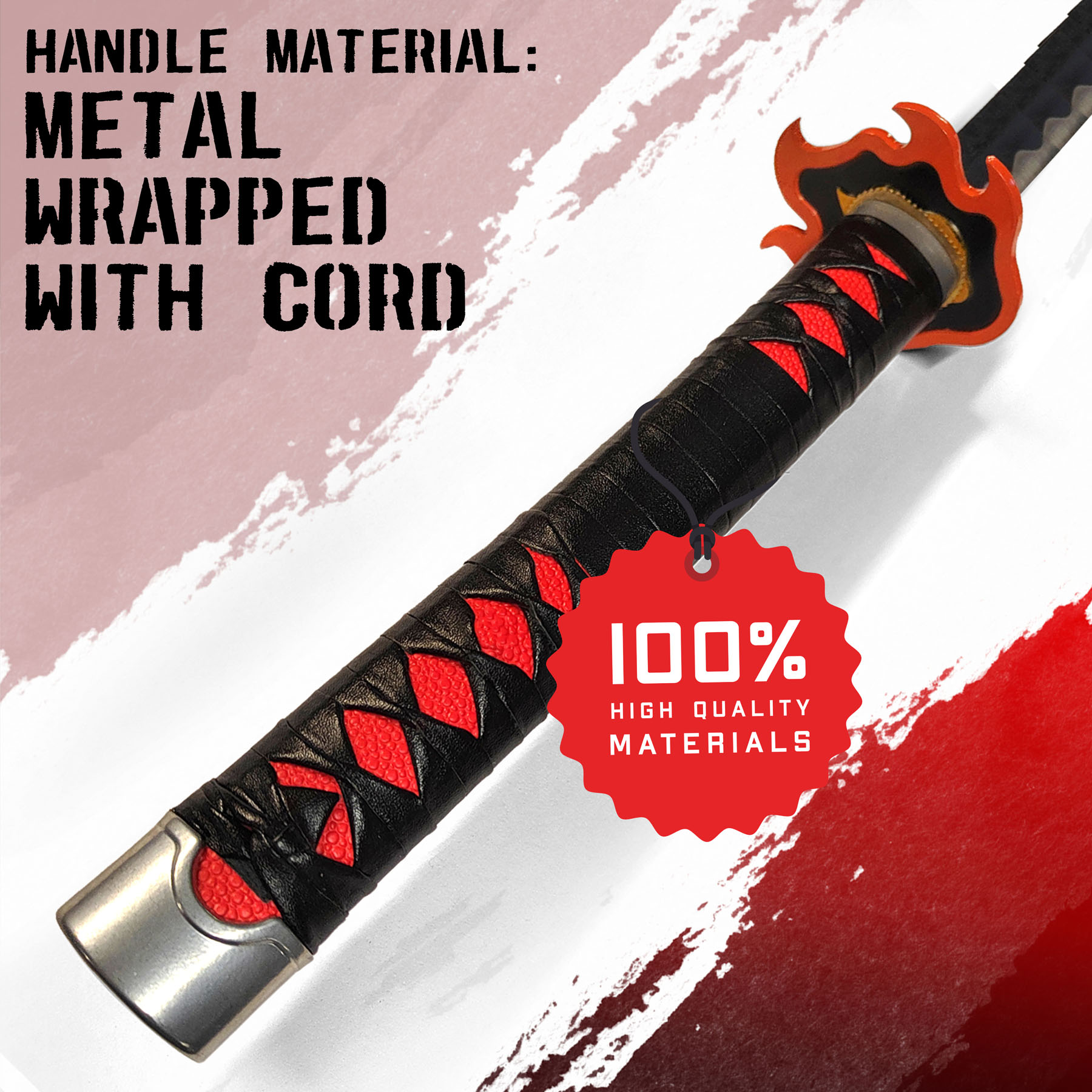 Demon Slayer Tanjiro Kamado Schwert v2 – Fire Breath | Handgeschmiedete Kohlenstoffstahlklinge 71 cm | Set mit Scheide, Ständer & Pflegeset | Sammlerschwert für Anime Fans