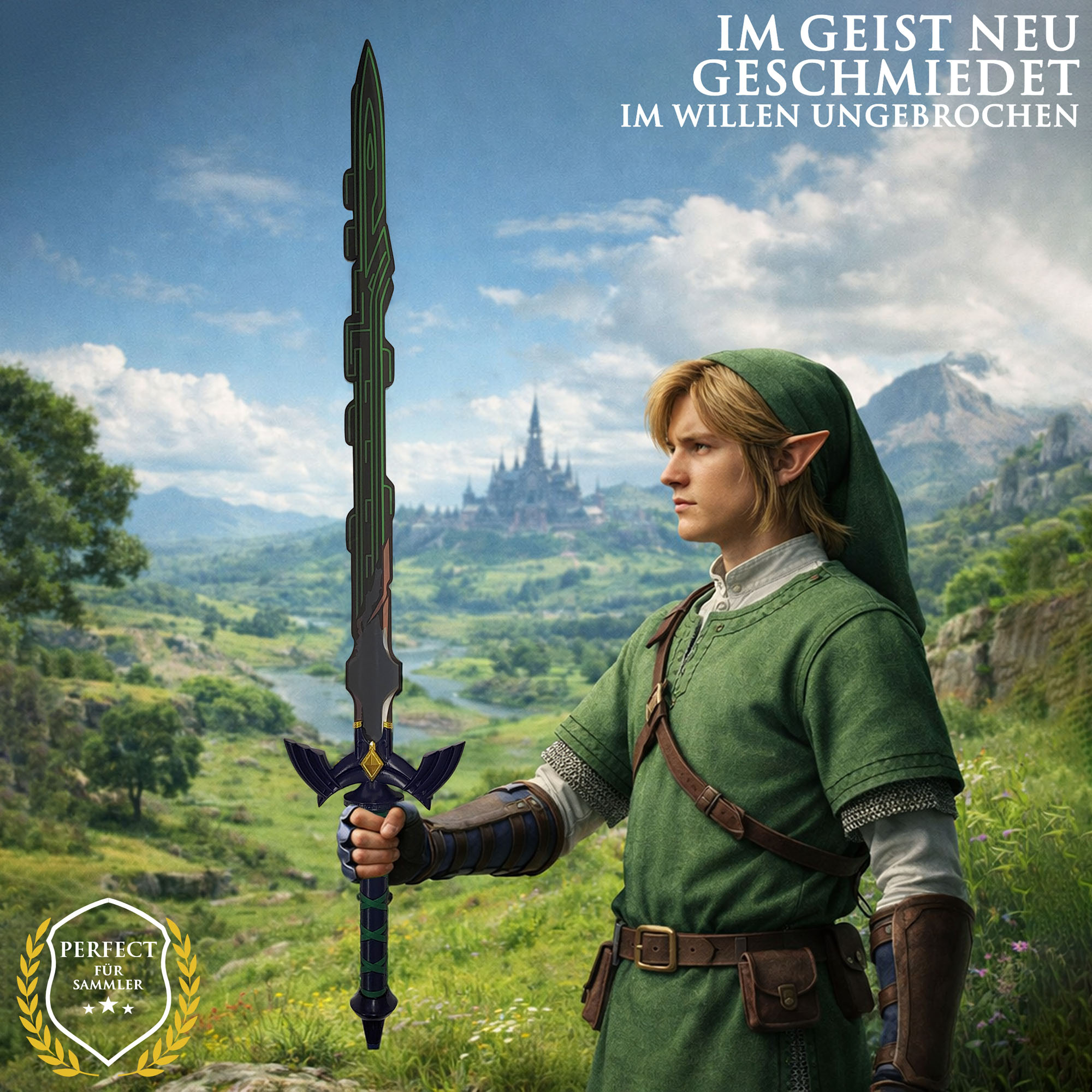 Zelda Meisterschwert Relic Reborn Replik 98 cm mit Wandhalter – Master Sword Deko Schwert mit Stahlklinge – Legend of Zelda Fanartikel Cosplay Sammlerstück inkl. Holz Wandtafel