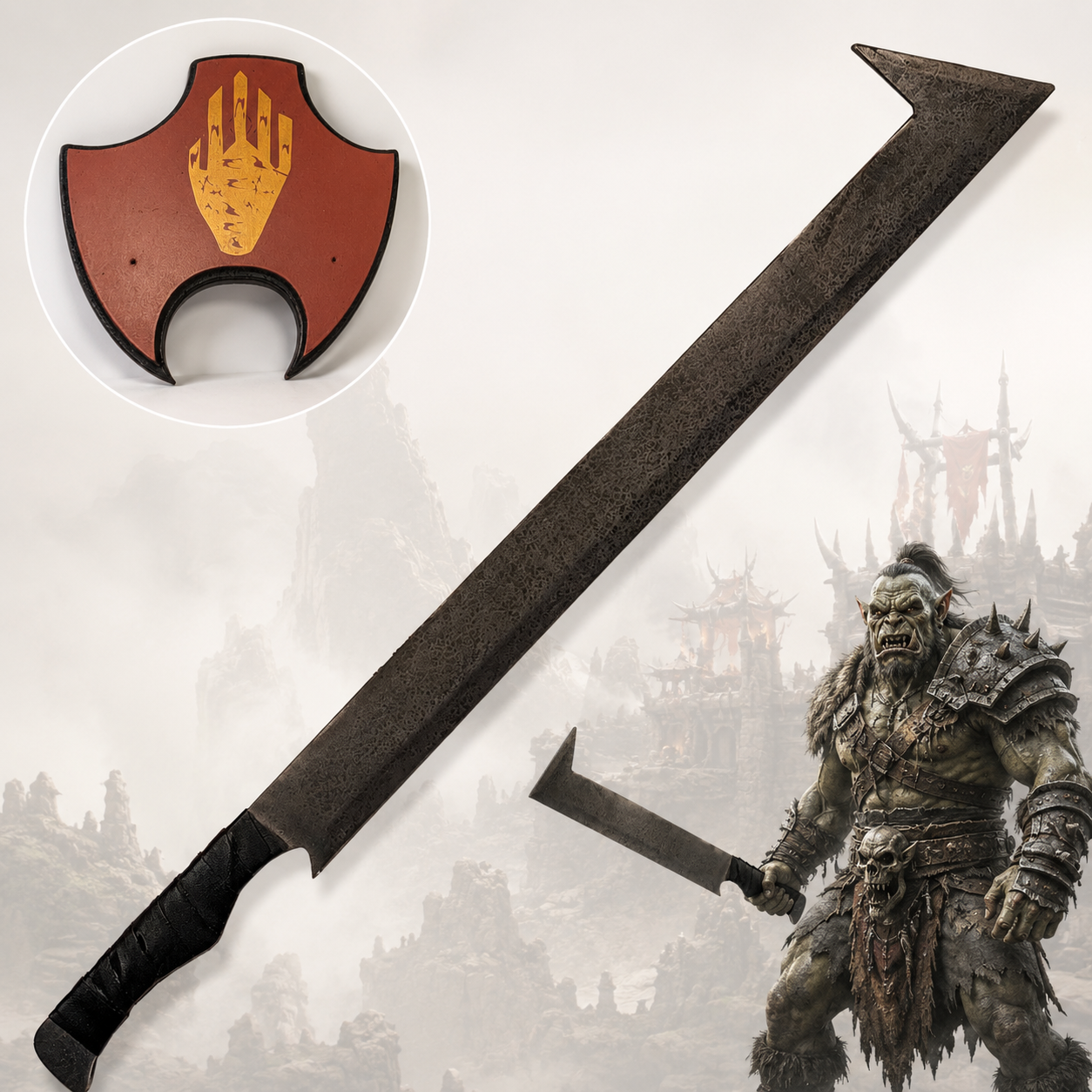 Ork-Krummsäbel aus Mittelerde – Replik aus Kohlenstoffstahl mit Wildleder-Wickelgriff | 102 cm | Inklusive Holz-Wandtafel mit Weißem-Hand-Symbol | Sammlerstück & Wanddeko für Fantasy-Fans