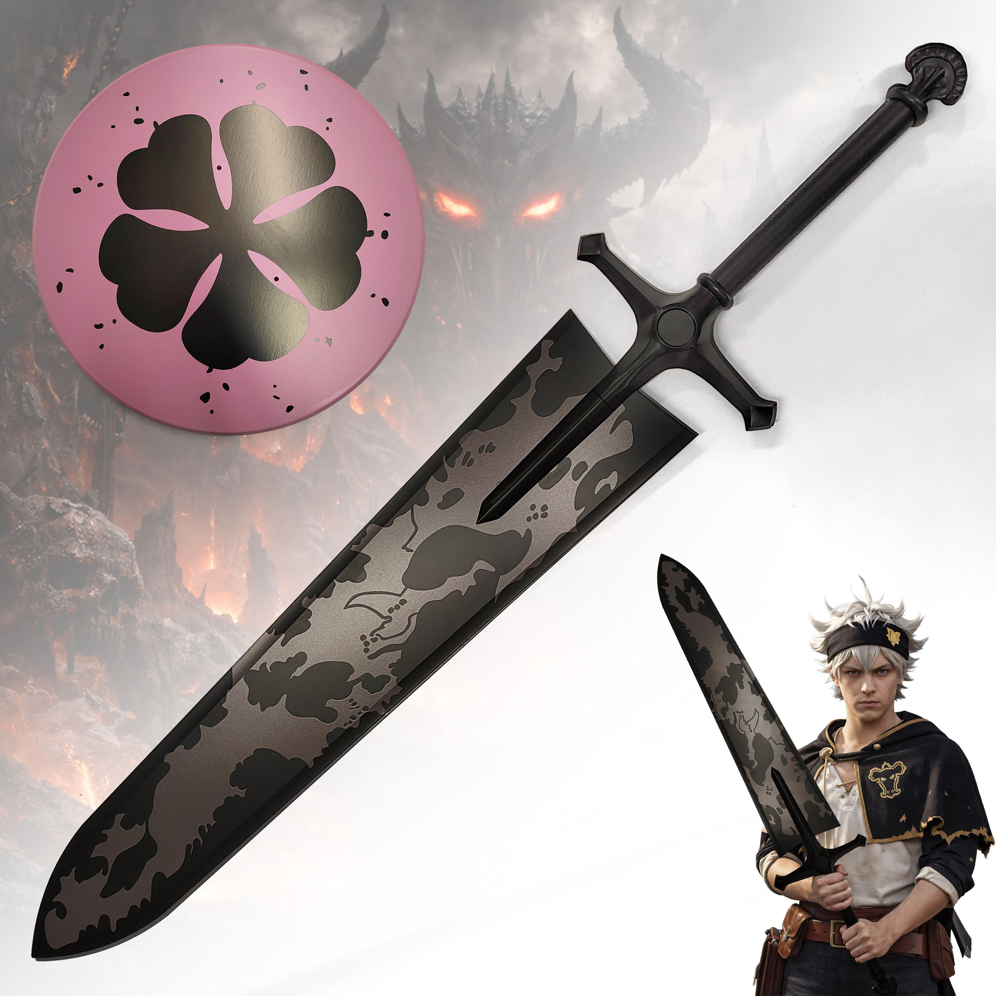 Black Clover Asta Dämonen-Lichtschwert 130 cm Stahl Replik – Demon Dweller Sword Vollmetall Anime Schwert mit Wandhalter – Schweres Cosplay & Sammlerstück aus Stahl