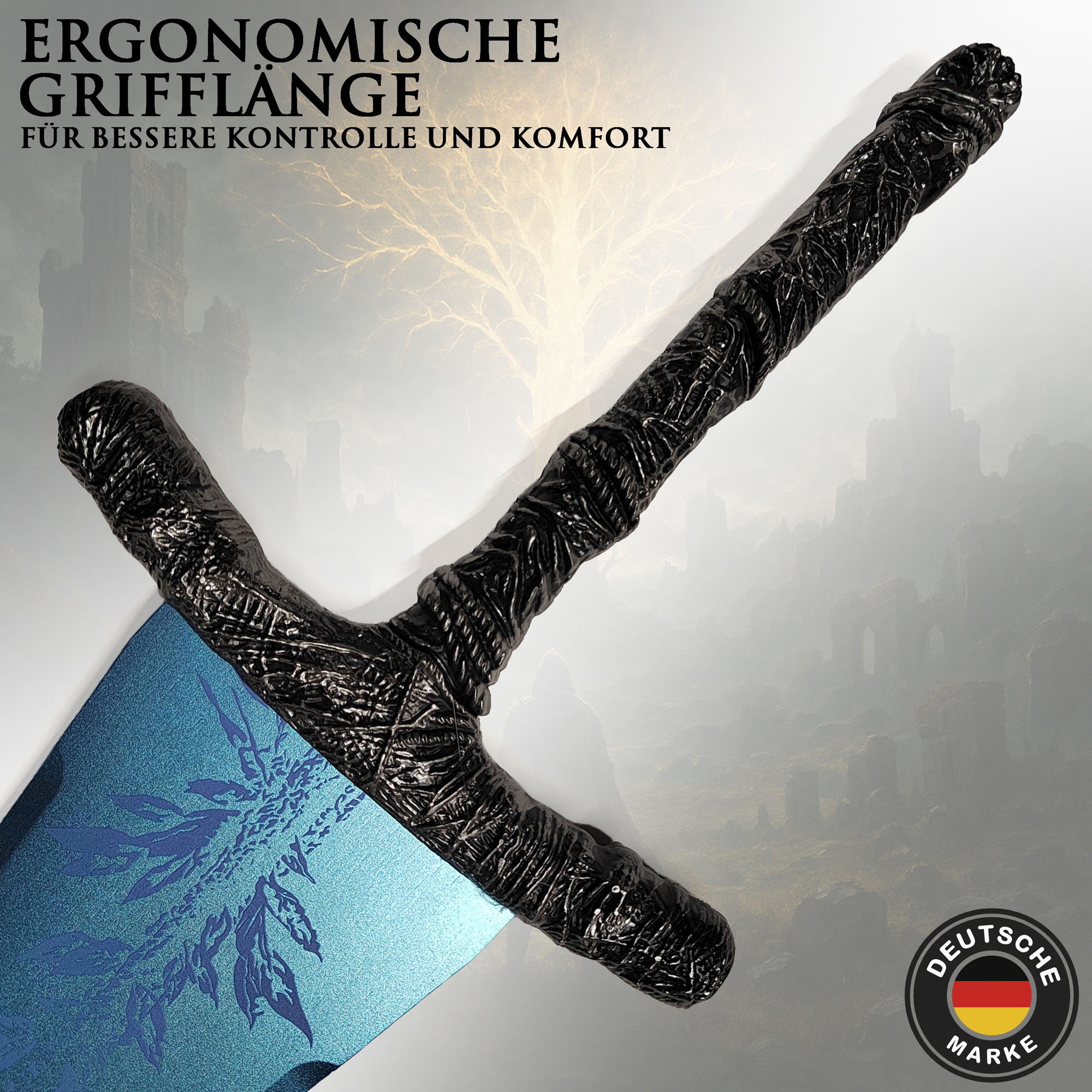 Elden Ring Dark Moon Großschwert Holz mit Scheide 126cm | Rannis Dunkelmond Replik aus Bambus | Leichtes Cosplay Schwert & Deko Waffe | Con-Safe Kostümzubehör