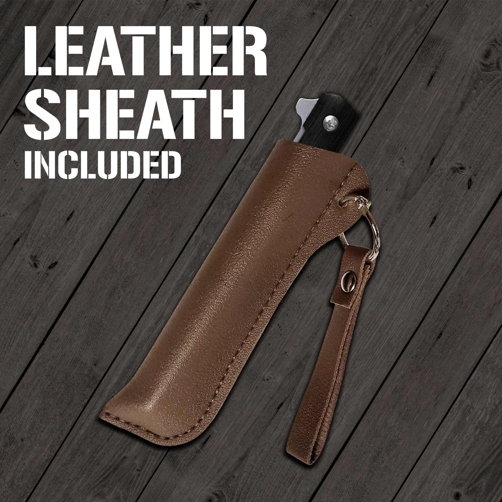 Outdoor Klappmesser Liner Lock, Tanto Point Klinge, schwarzer Holzgriff mit brauner Lederscheide