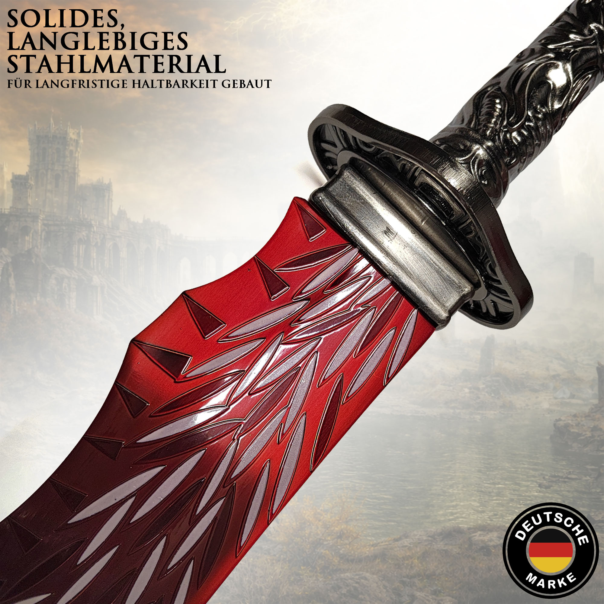 Elden Ring Drachenjäger Großkatana 112cm mit Ständer | Shadow of the Erdtree Waffe aus Stahl | Massives Great Katana mit Metallgriff & Scheide | Gaming Sammlerstück