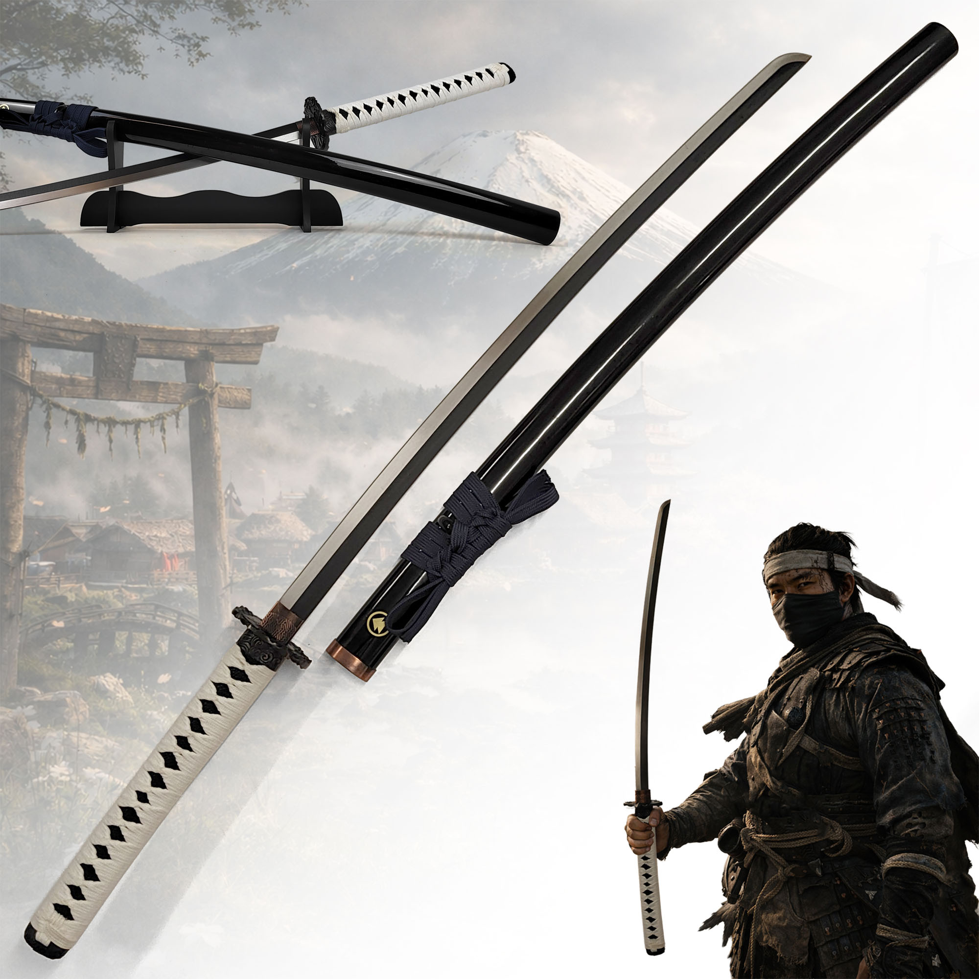 Ghost of Tsushima Jin Sakai Katana mit Scheide und Ständer – Samurai Schwert Replik 103 cm – Carbonstahl Klinge – Deko Katana aus dem Action Adventure