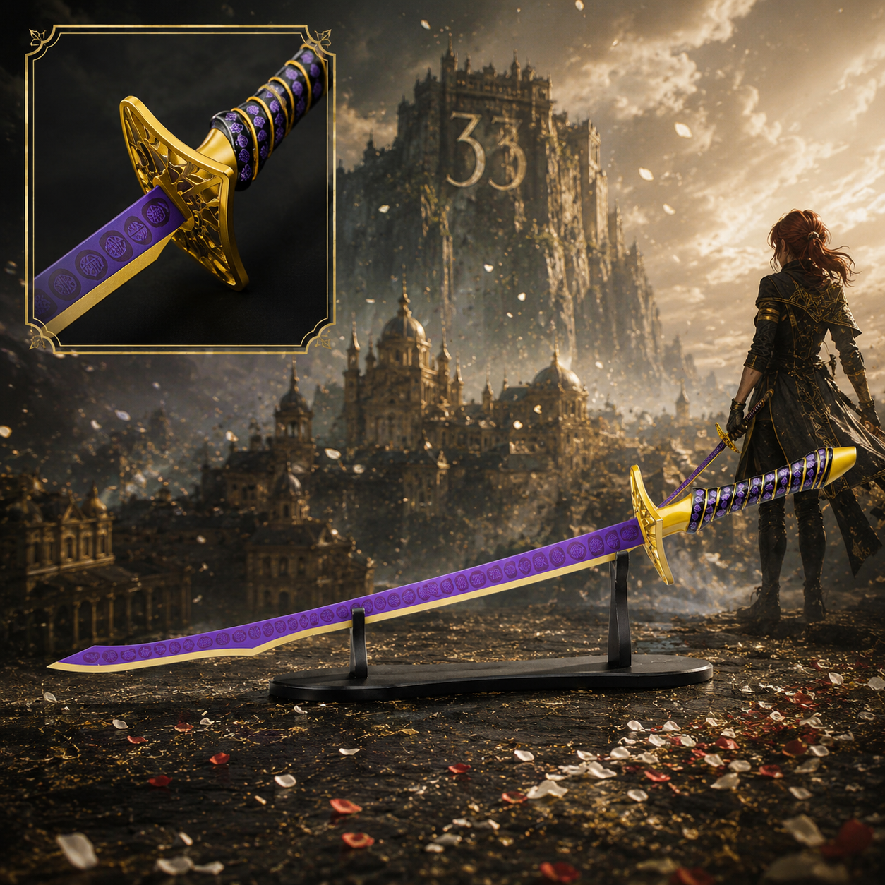Clair Obscur Expedition 33 Medalum Schwert 100,5cm | Edelstahl Replik mit massivem Metallgriff | Inkl. Ausstellungsständer | RPG Gaming Cosplay Waffe & Fantasy Deko-Schwert Sammlerstück
