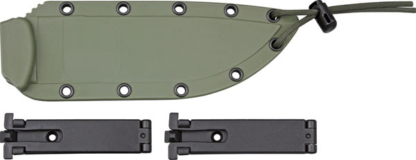 Esee Modell 6, teilweise gezahnt, schwarz,mit natogrüner Scheide