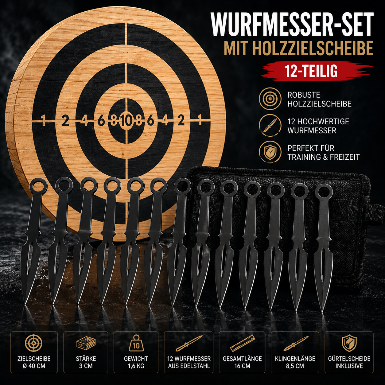 Wurfmesser Set 12 Stück Schwarz mit Holzzielscheibe Ø 40cm | Edelstahl Ninja Kunai Messer | Inklusive Gürtelscheide | Outdoor Wurf-Training Komplettset