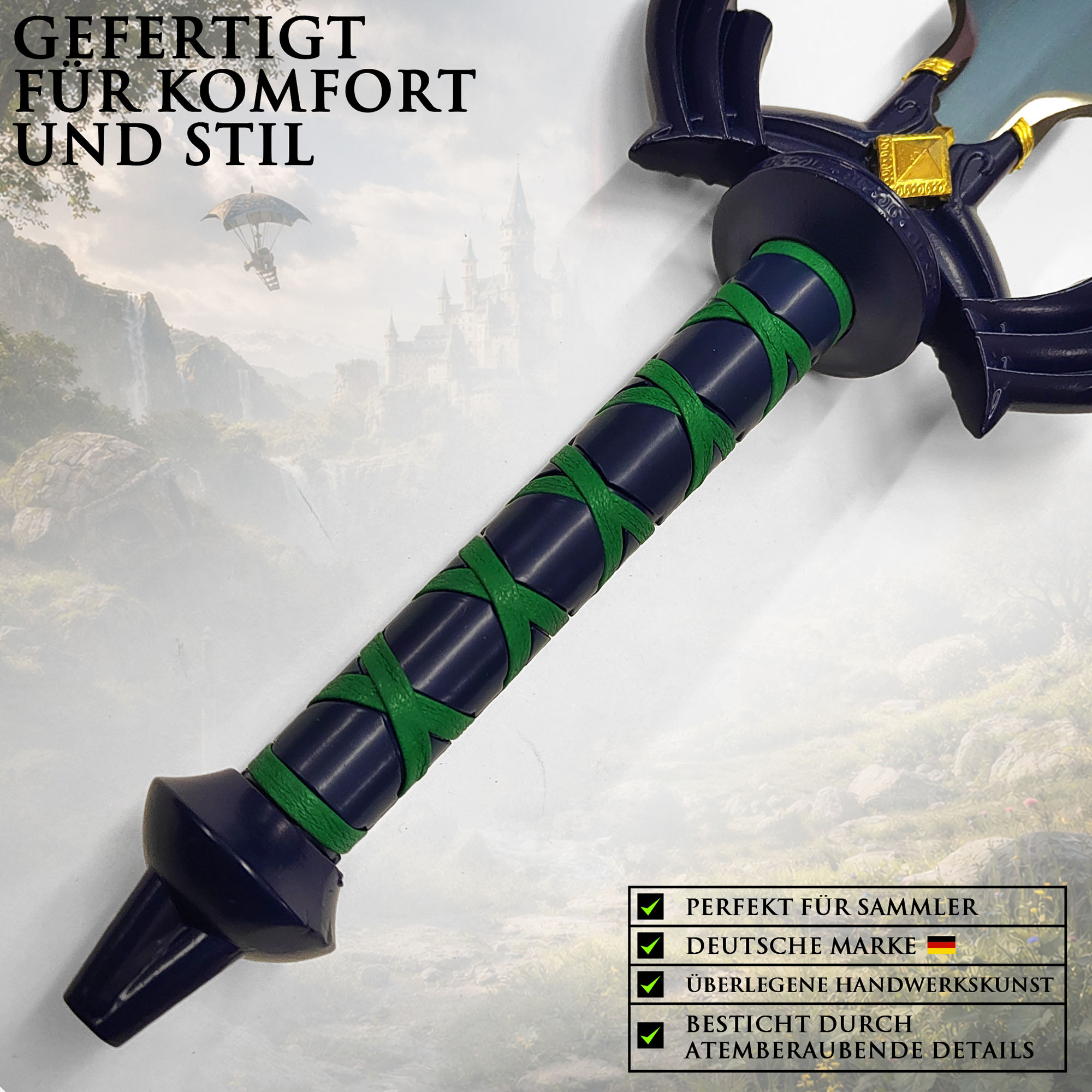 Zelda Meisterschwert Relic Reborn Replik 98 cm mit Wandhalter – Master Sword Deko Schwert mit Stahlklinge – Legend of Zelda Fanartikel Cosplay Sammlerstück inkl. Holz Wandtafel
