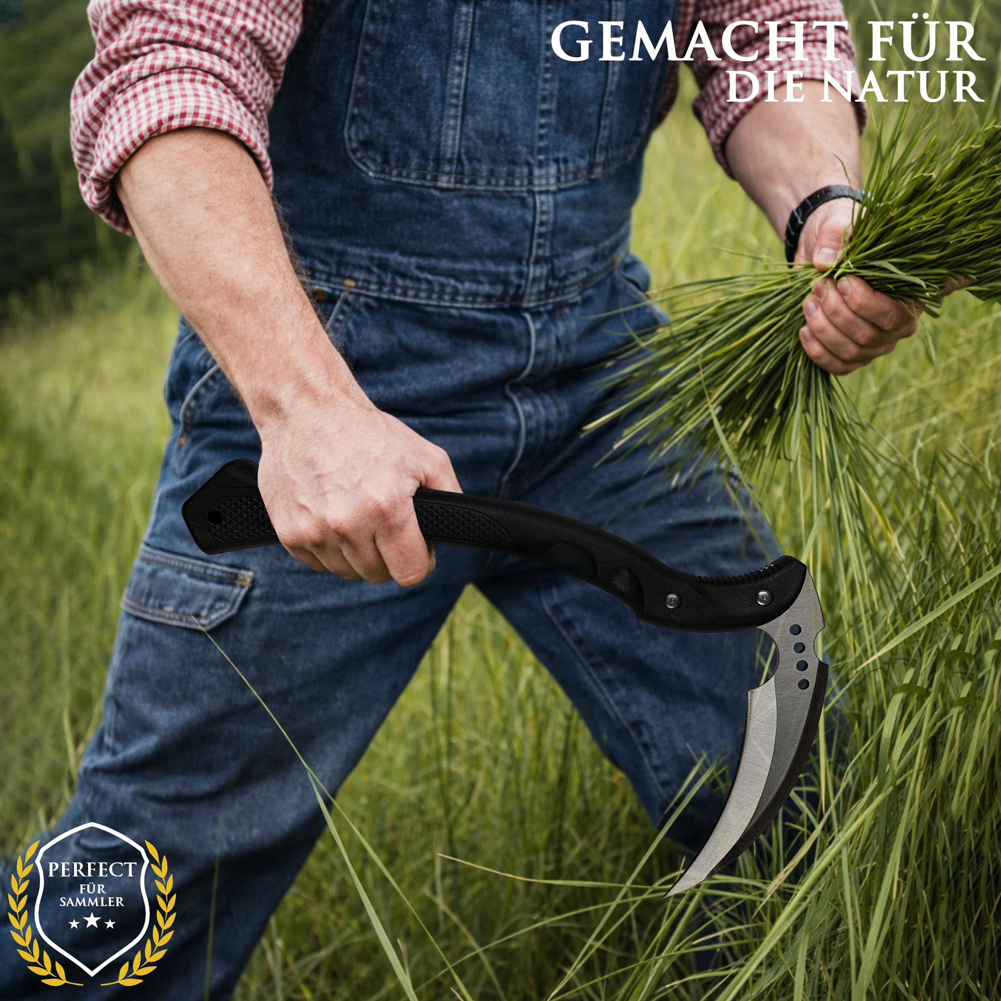 Outdoor Kama Sichel 40 cm – Bushcraft Gartenwerkzeug mit 3Cr13 Edelstahlklinge – Japanische Sichel für Gartenarbeit, Camping, Survival & Outdoor Einsätze