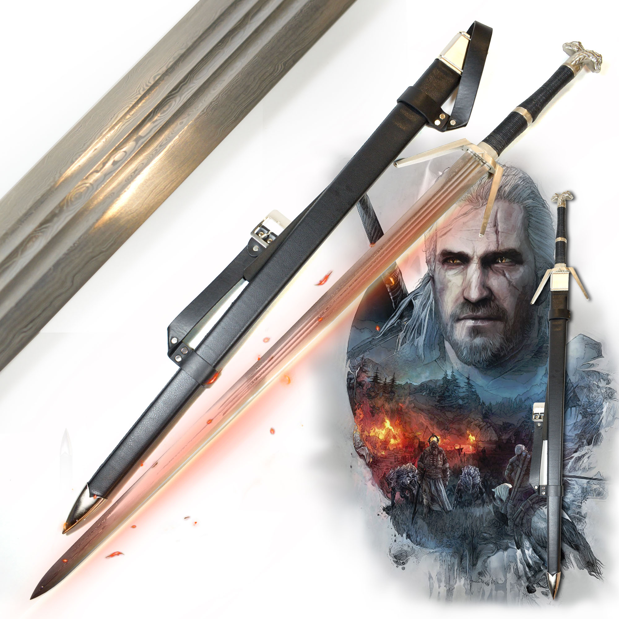 Witcher - Silber Schwert mit Scheide, handgeschmiedet und gefaltet