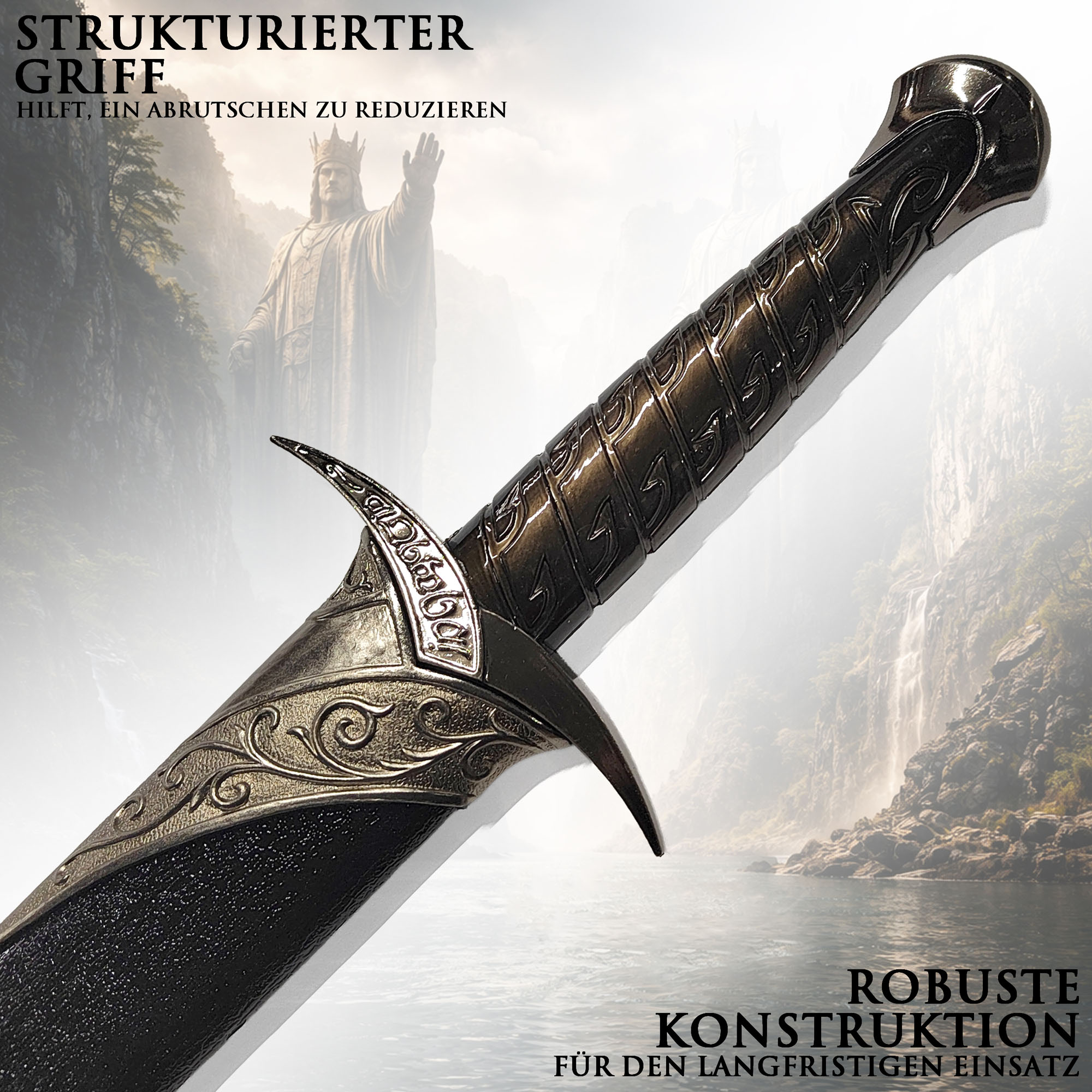 Fantasy Kurzschwert "Kleiner Abenteurer" mit Scheide 61,5cm | Halbling Dolch aus Edelstahl | Orkjäger Waffe für Cosplay & Deko | Schwarz/Anthrazit Edition