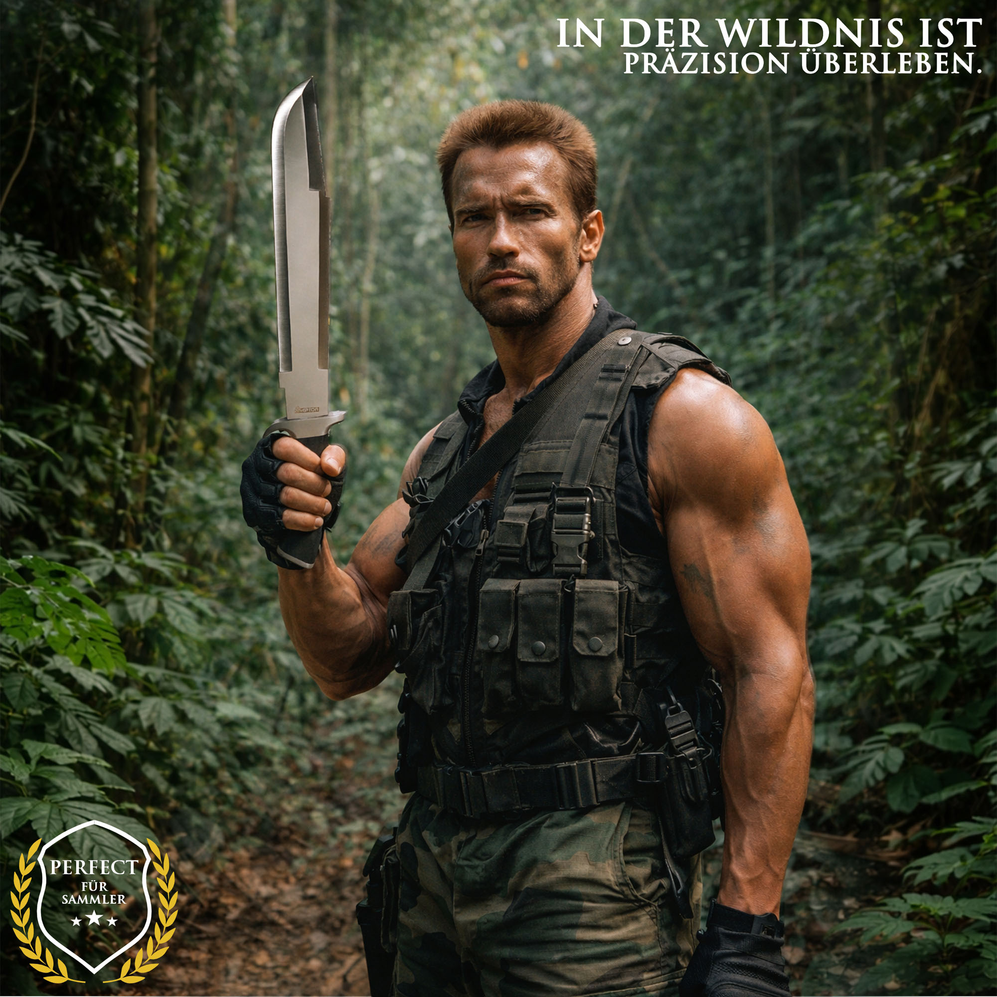 Predator Machete 52 cm mit Scheide – Dutch Schaeffer Messer Replik aus Predator Film – Edelstahl Klinge Outdoor Machete Sammlerstück Cosplay