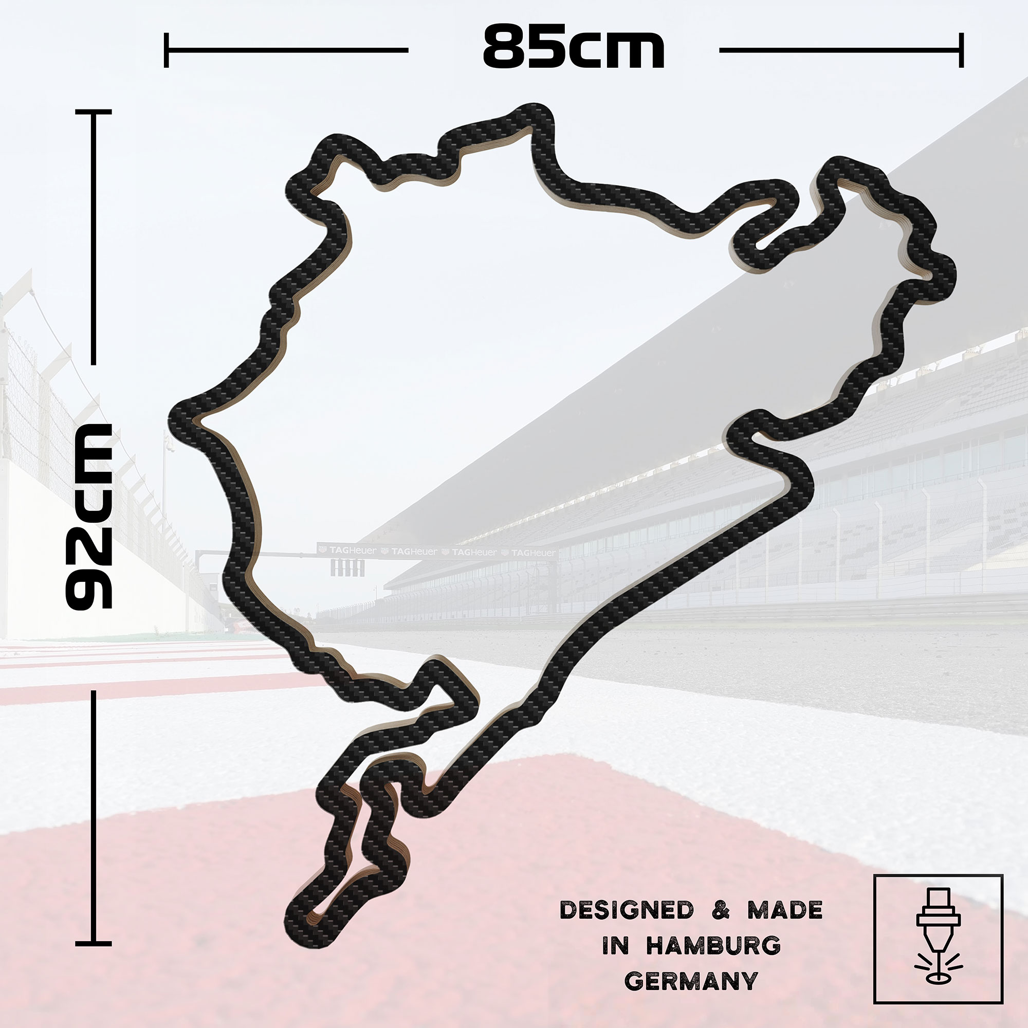 Rennstrecke Nürburgring Gesamtstrecke mit Carbonfolie, Wandverzierung, 92 cm, Holzskulptur, Geschenk, Wanddekoration für Fans von Autorennen, Formel 1 Geschenk, schwarz