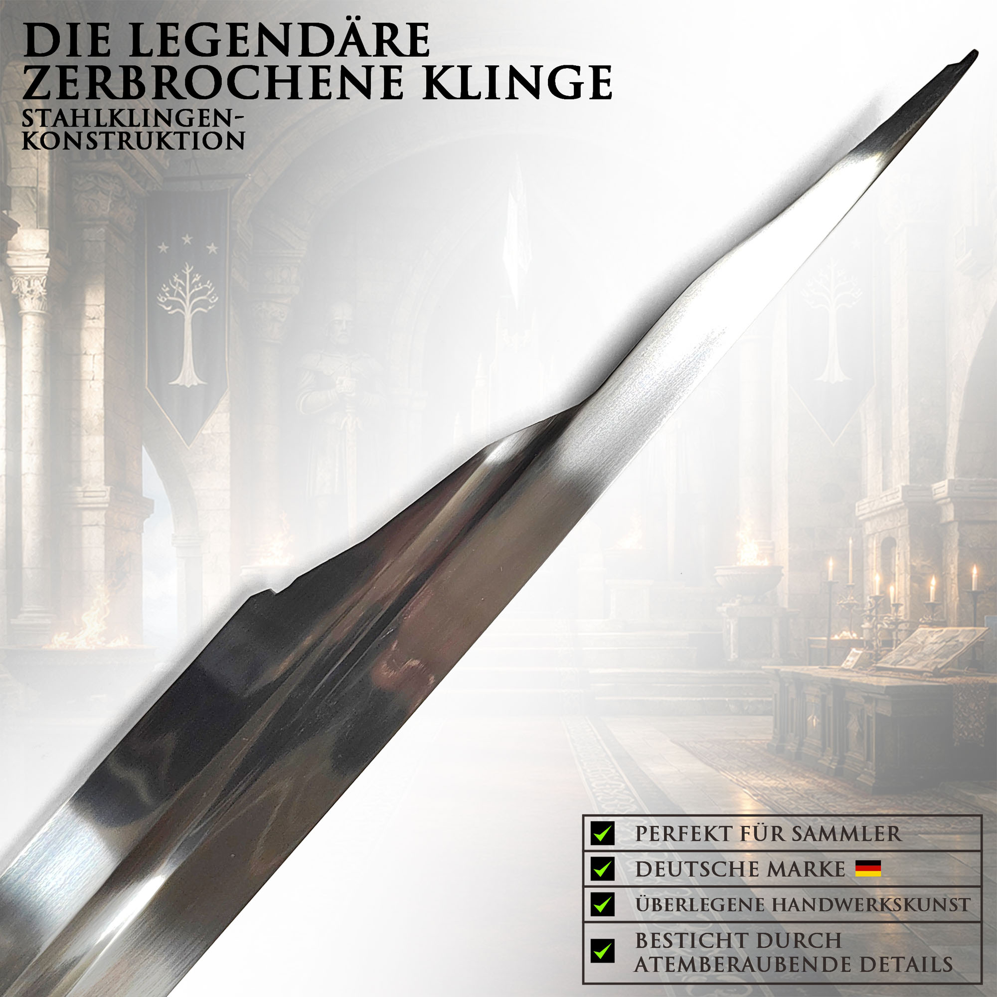 Herr der Ringe Narsil Schwert Replik 76,5 cm – Zerbrochenes Schwert von Isildur und Elendil – Lord of the Rings Sammlerschwert mit Wandhalterung aus Holz