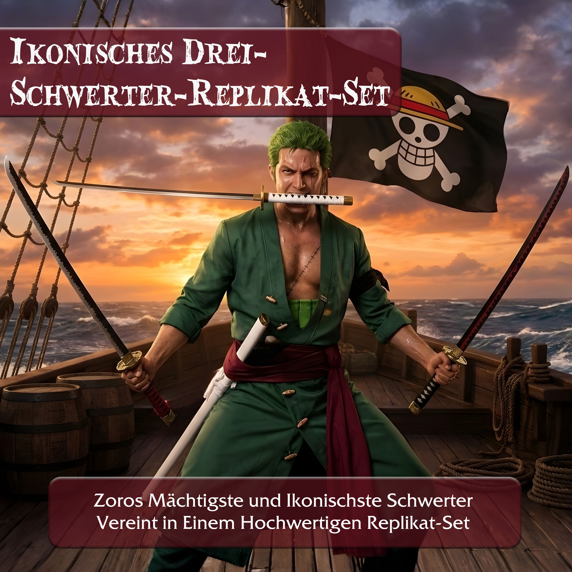 One Piece Roronoa Zoro Schwert-Set 3-teilig: Wado Ichimonji, Sandai Kitetsu & Shuusui | Stahlklingen Katana, Wakizashi & Tanto mit Ständer | Anime Deko Sammlerstück