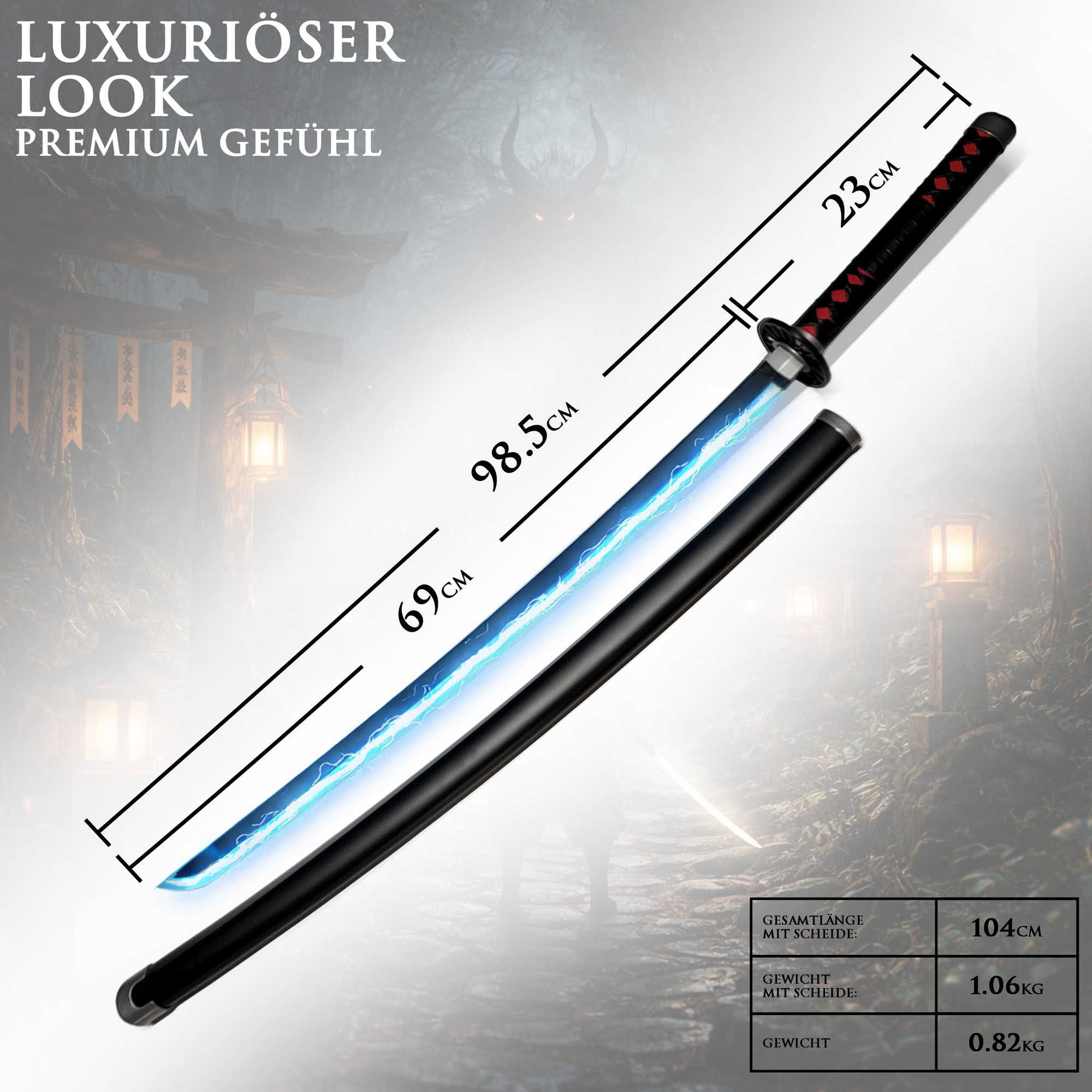 Demon Slayer Tanjirou Kamado Nichirin Katana 104 cm mit LED Klinge – Anime Schwert Replik mit Scheide & Ständer – 1045 Carbonstahl Cosplay Sammlerstück