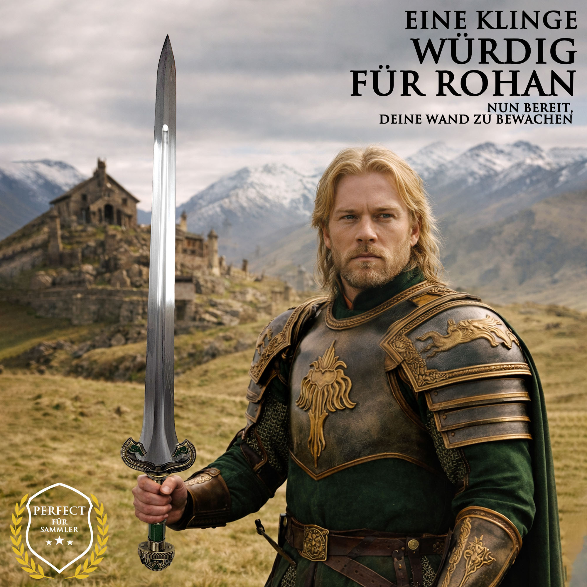 Herr der Ringe Théodreds Schwert Replik 96 cm – Rohan Schwert aus The Two Towers mit Wandhalterung – Lord of the Rings Sammlerschwert mit Stahlklinge