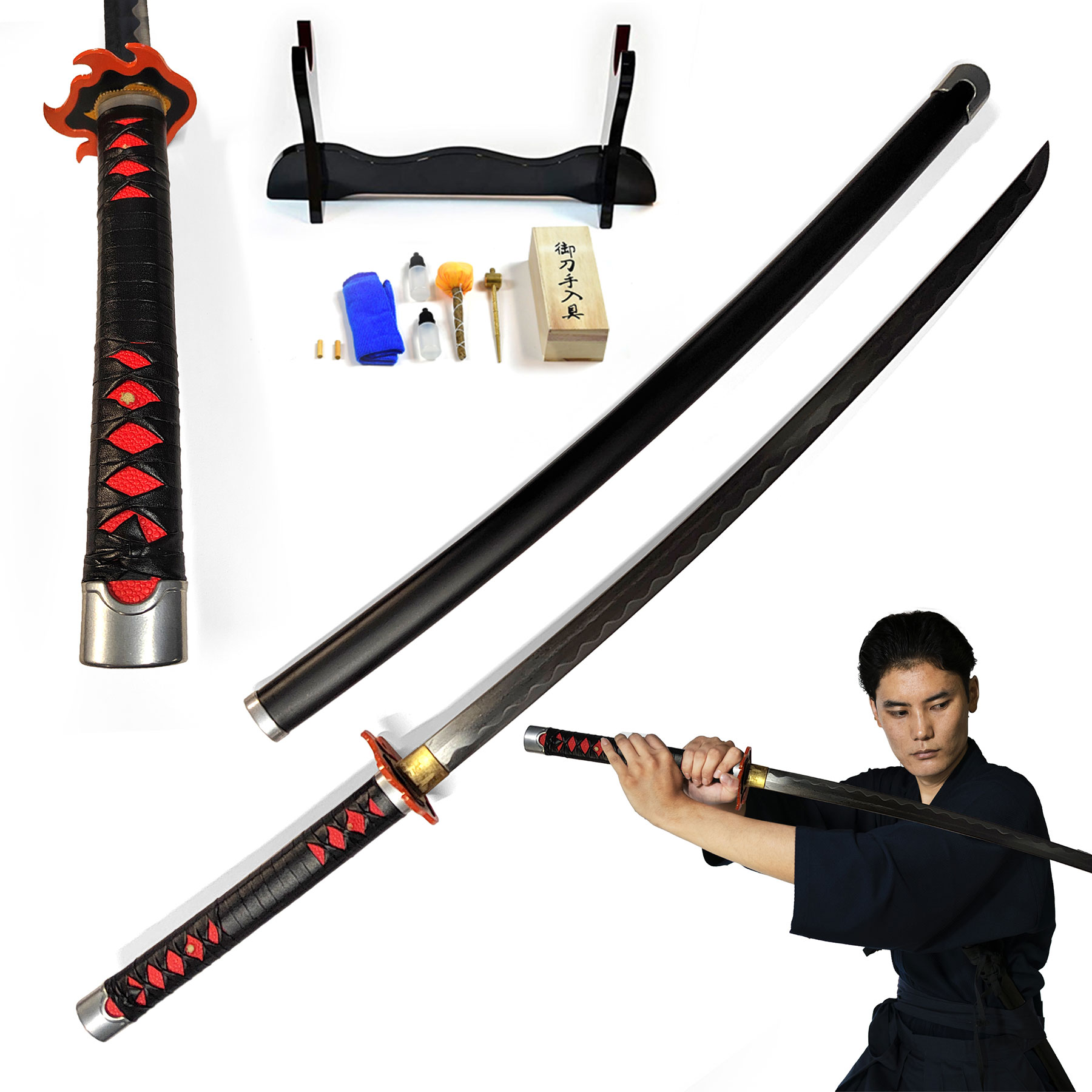 Demon Slayer Tanjiro Kamado Schwert v2 – Fire Breath | Handgeschmiedete Kohlenstoffstahlklinge 71 cm | Set mit Scheide, Ständer & Pflegeset | Sammlerschwert für Anime Fans