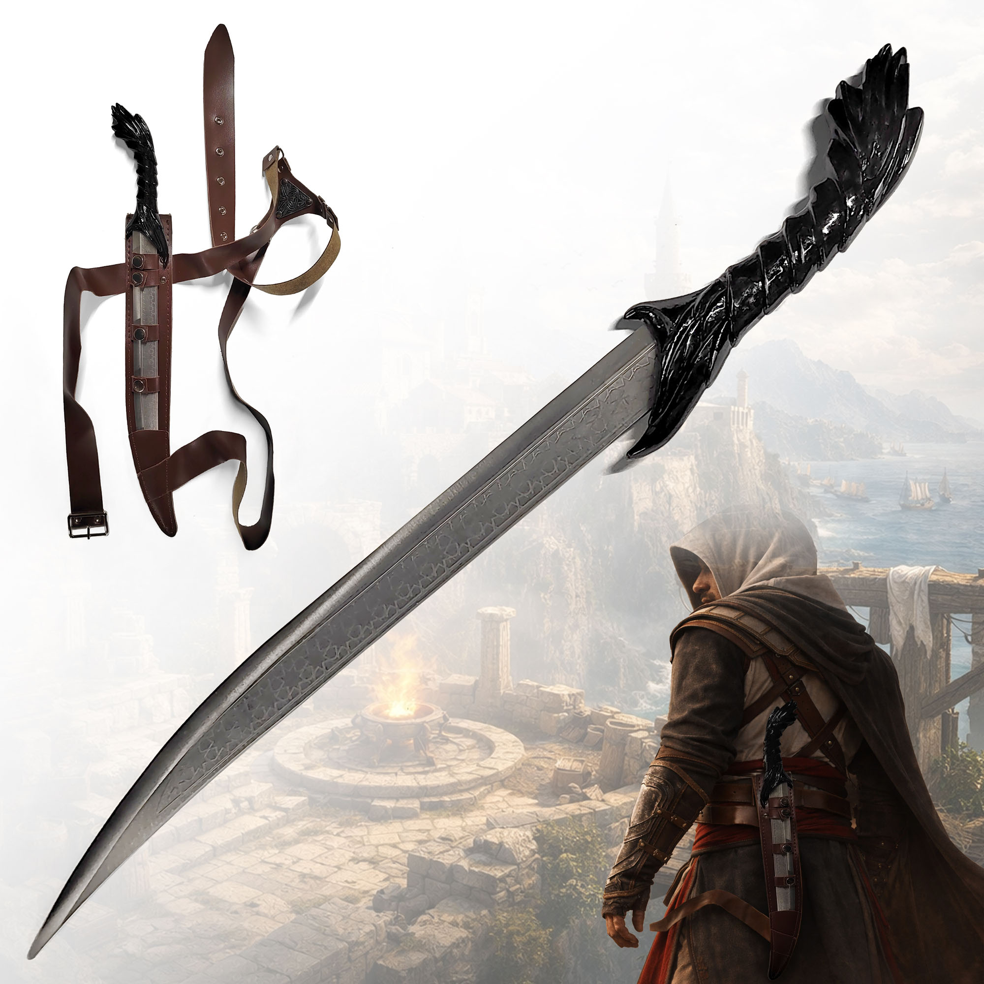 Assassin's Creed Kurzschwert Dolch 53cm | Altair & Ezio Replik aus Stahl mit Gürtelscheide | Tragbare Cosplay Waffe & Gaming Sammlerstück | AC Bruderschaft
