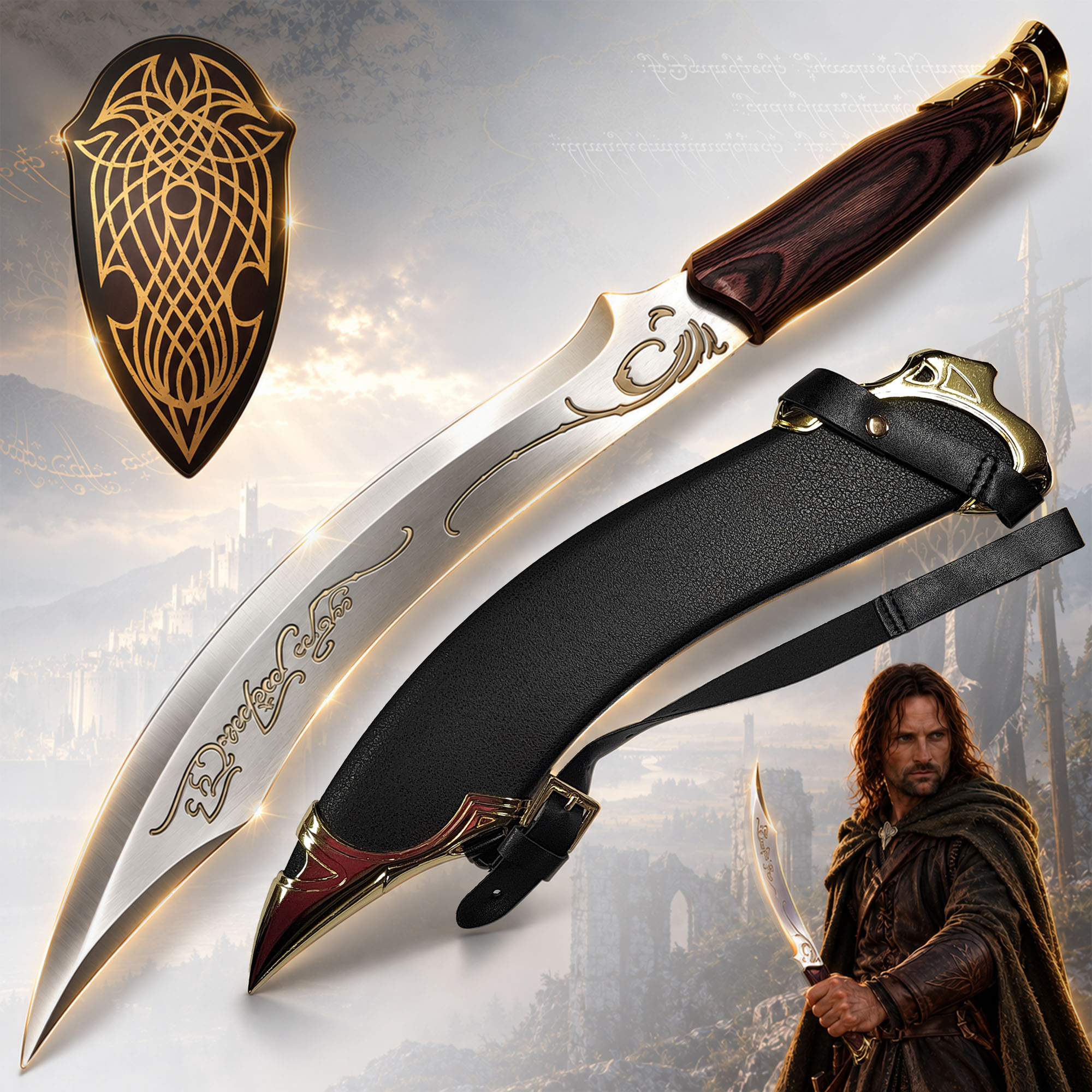 Herr der Ringe Aragorns Elben Dolch Replik Stahl Inkl Wandhalterung 53,5 cm